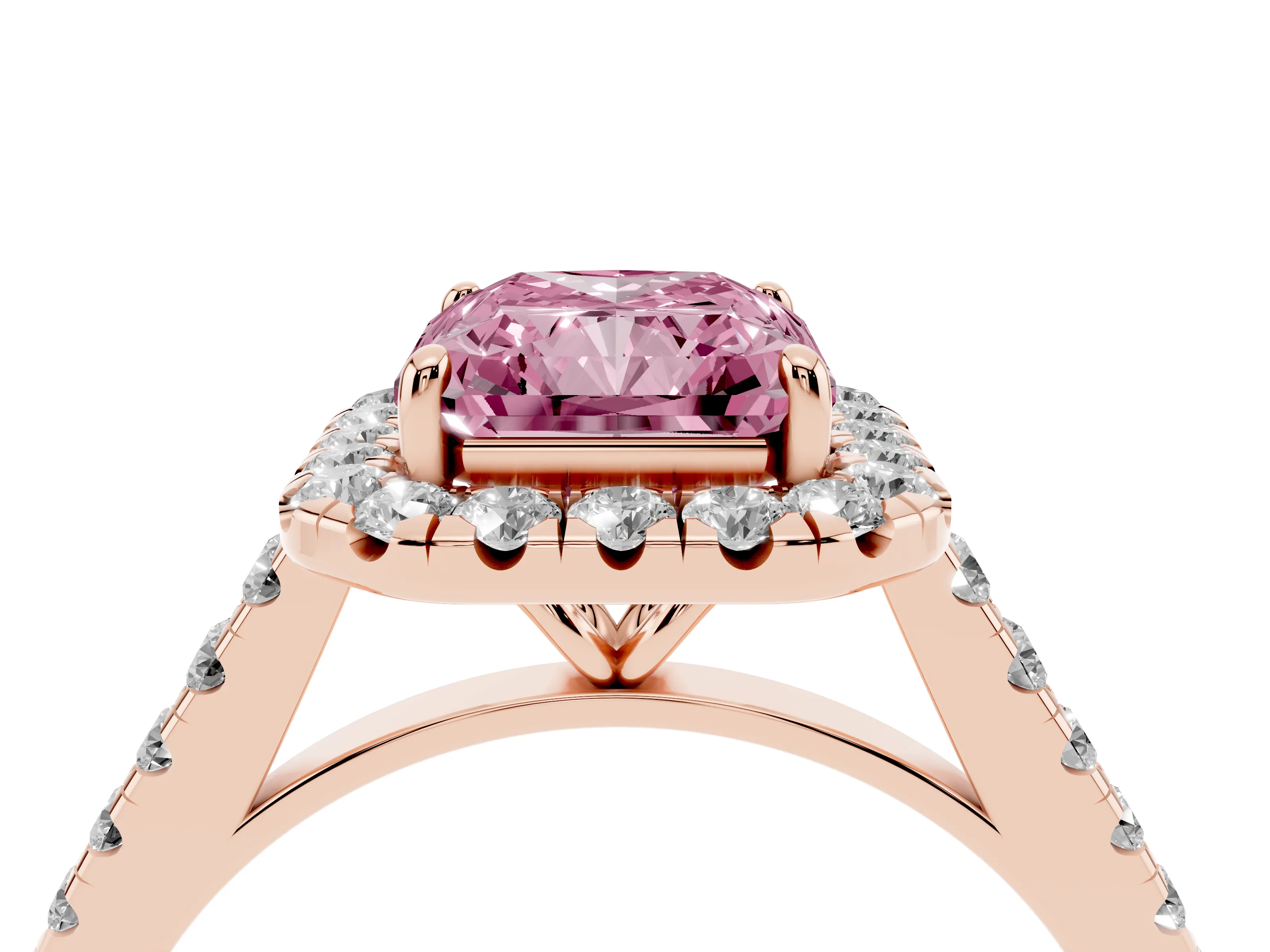 Fancy Pink Radiant Cut Diamond Halo Pavé Engagement Ring Set in Rose gold with Prong Setting