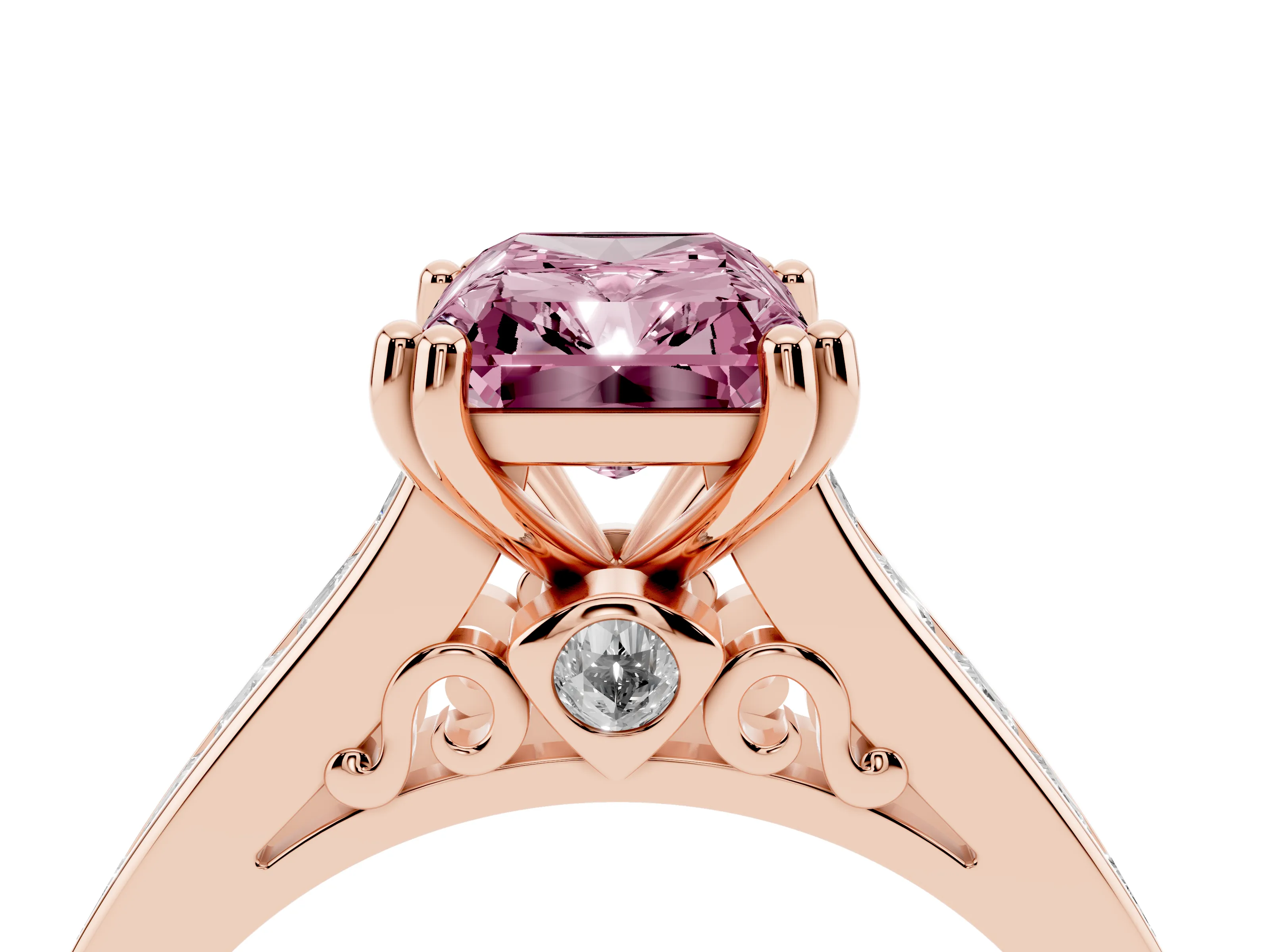 Fancy Pink Radiant Cut Diamond Channel Set Solitaire Engagement Ring Set in Rose gold with Prong Setting