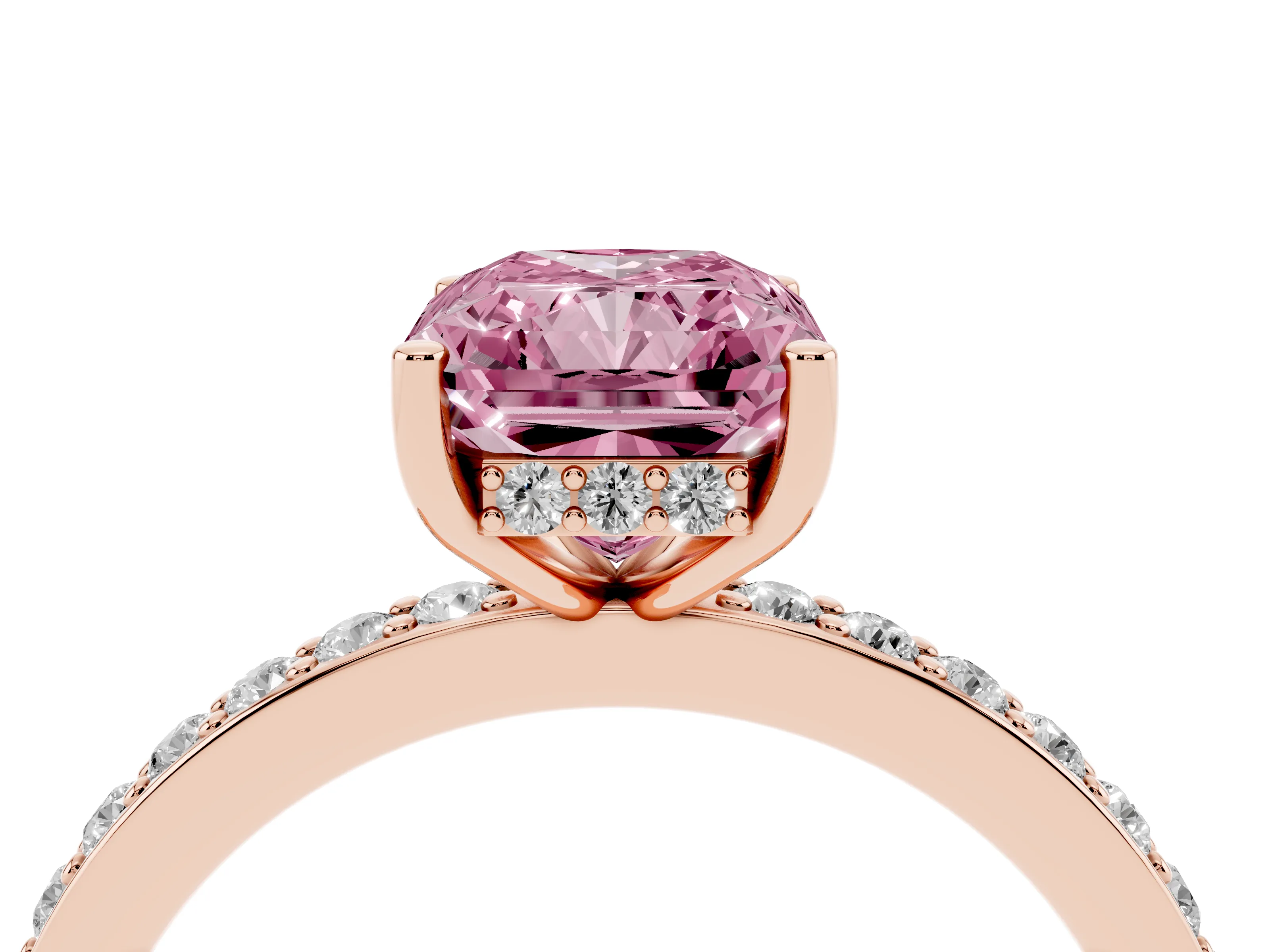 Fancy Pink Radiant Cut Diamond Pavé Band Ring Set in Rose gold with Prong-Set Center Stone