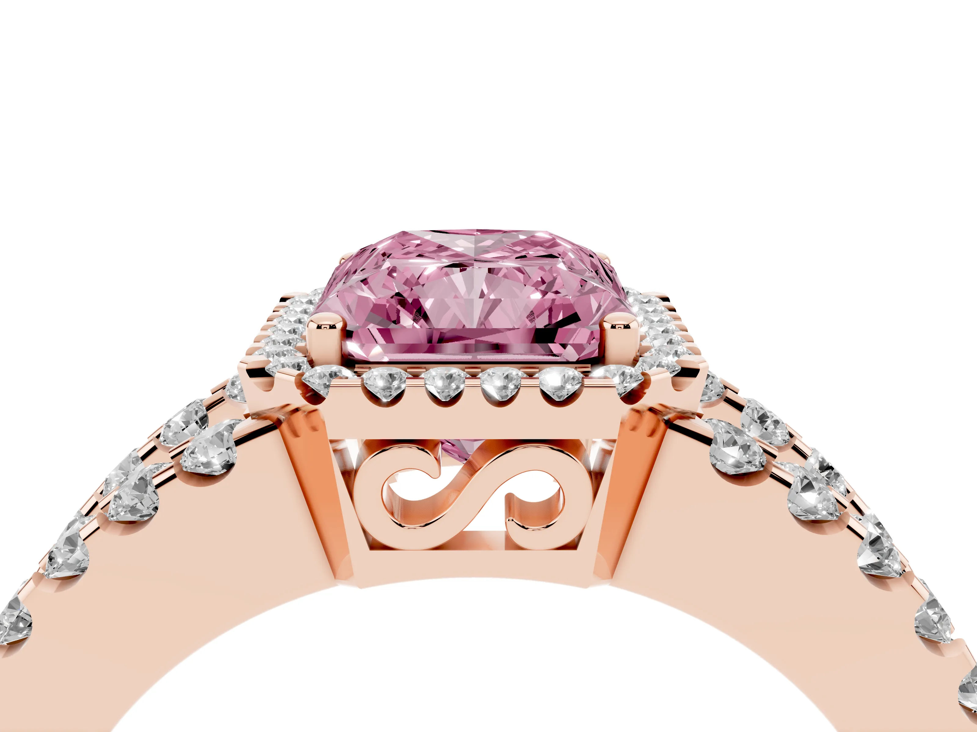 Fancy Pink Radiant Cut Diamond Halo Ring Set in Rose gold with Pavé Split Shank and Prong Setting
