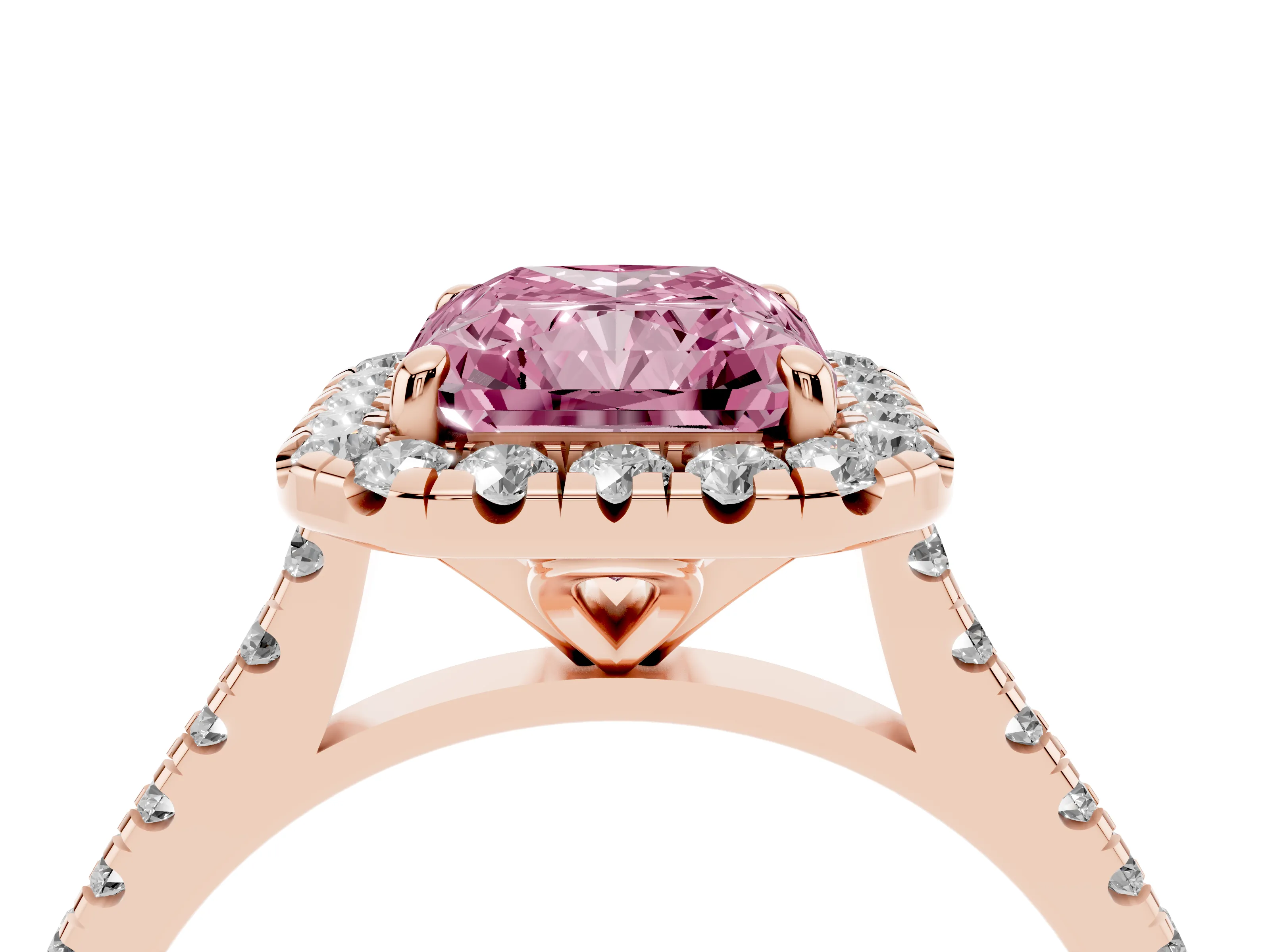 Fancy Pink Radiant Cut Diamond Cushion Halo Ring Set in Rose gold with Pavé Band