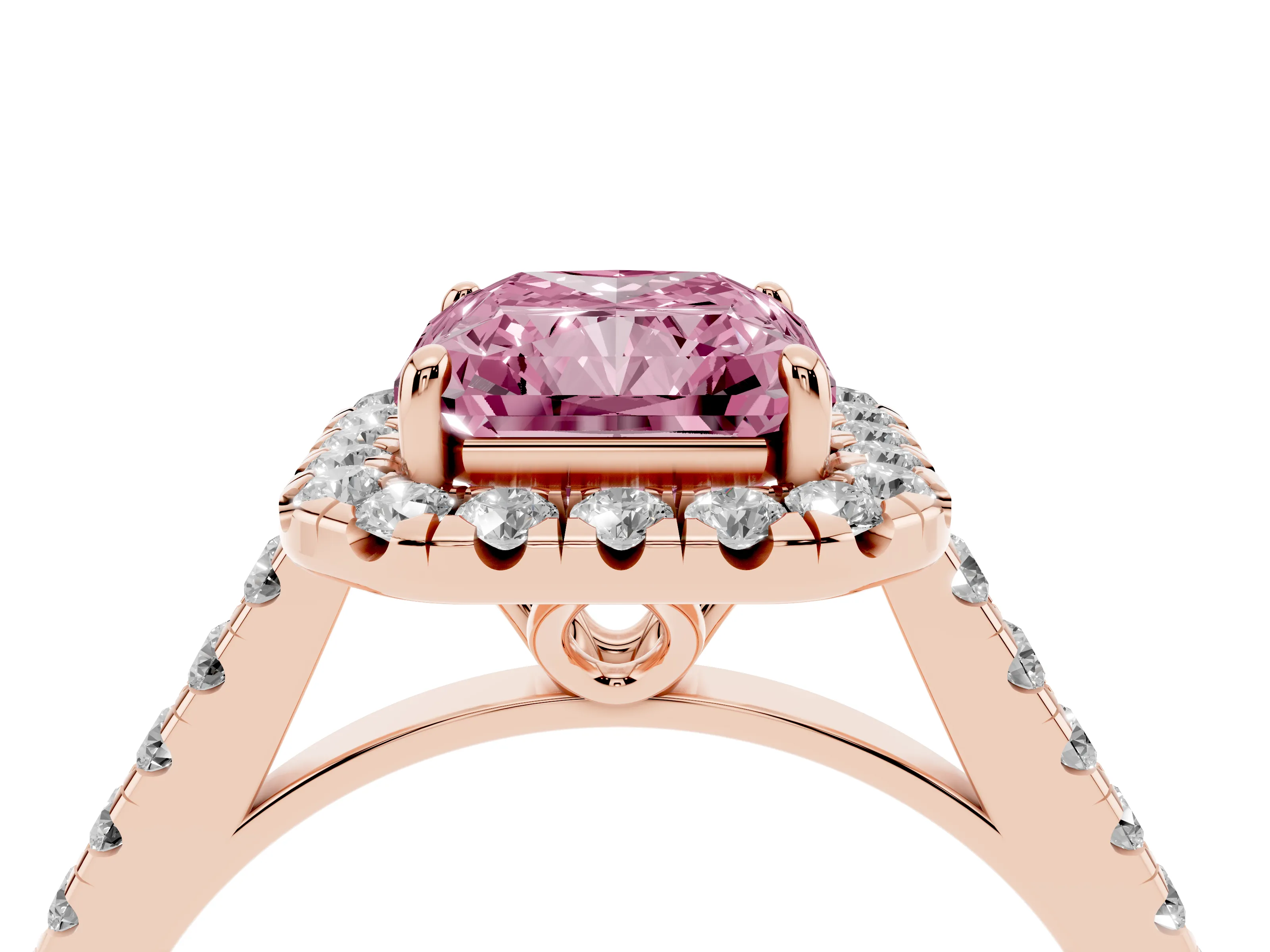 Fancy Pink Radiant Cut Diamond Pavé Halo Engagement Ring Set in Rose gold with Pavé Band and Prong Setting