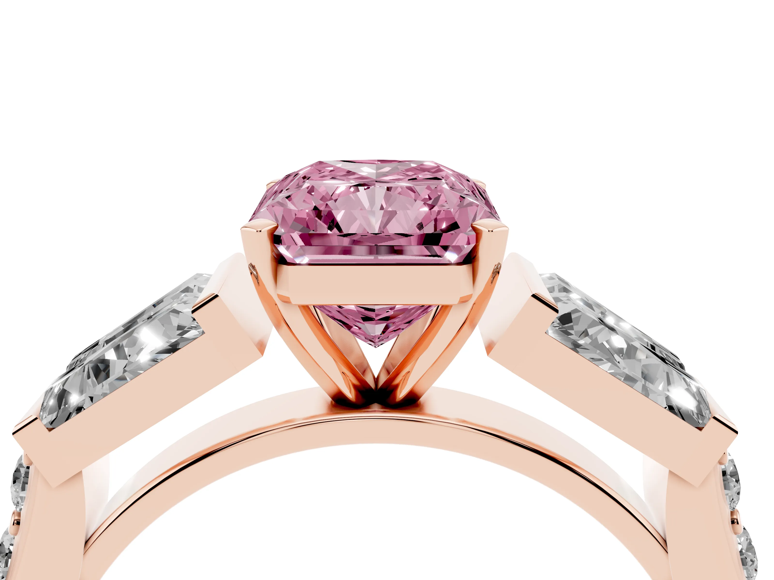 Fancy Pink Radiant Cut Diamond Engagement Ring Set in Rose gold with Baguette Side Stones and Channel Set Band