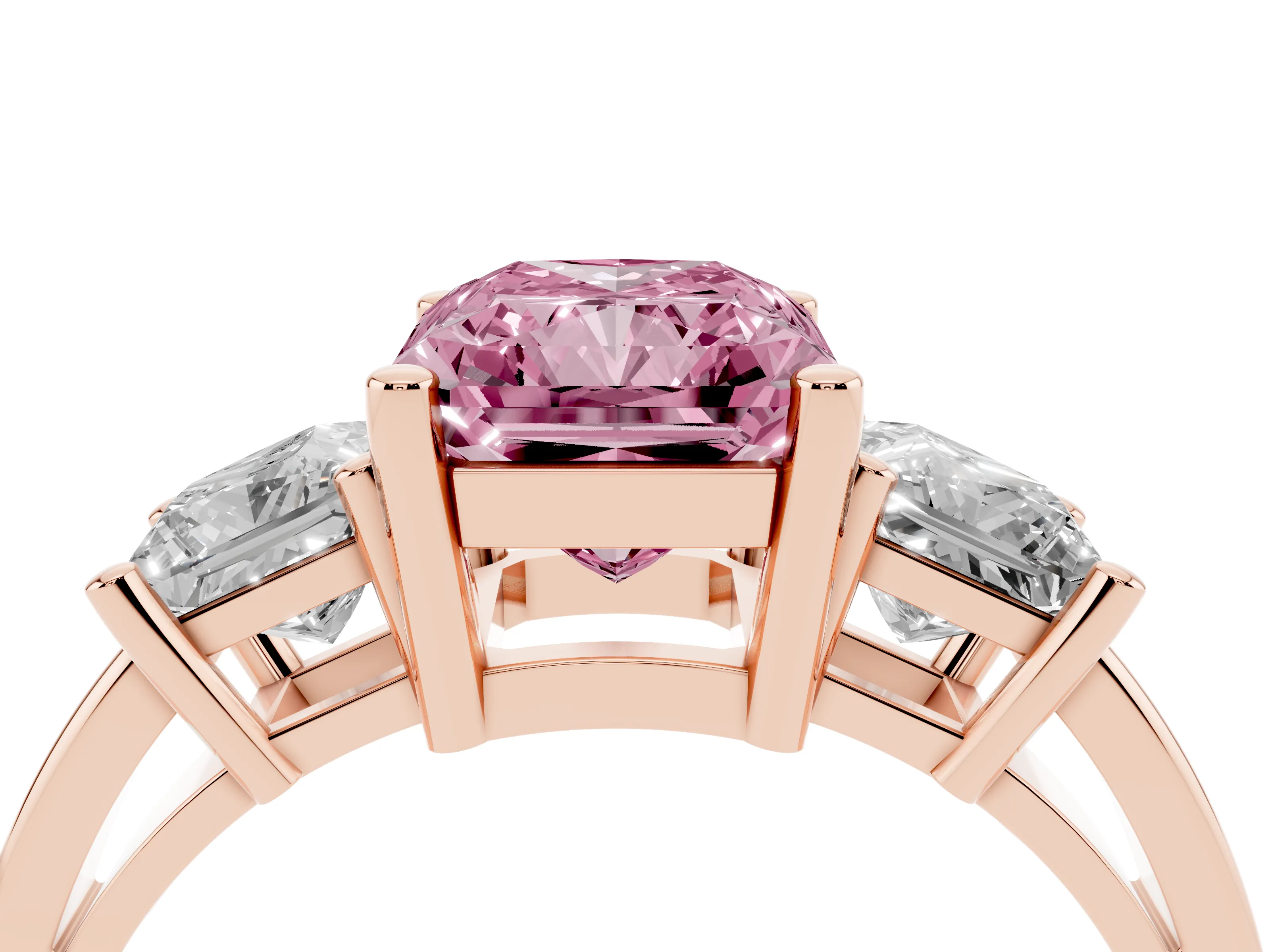 Fancy Pink Three-Stone Radiant Cut Diamond Solitaire Ring Set in Rose gold with Prong Setting
