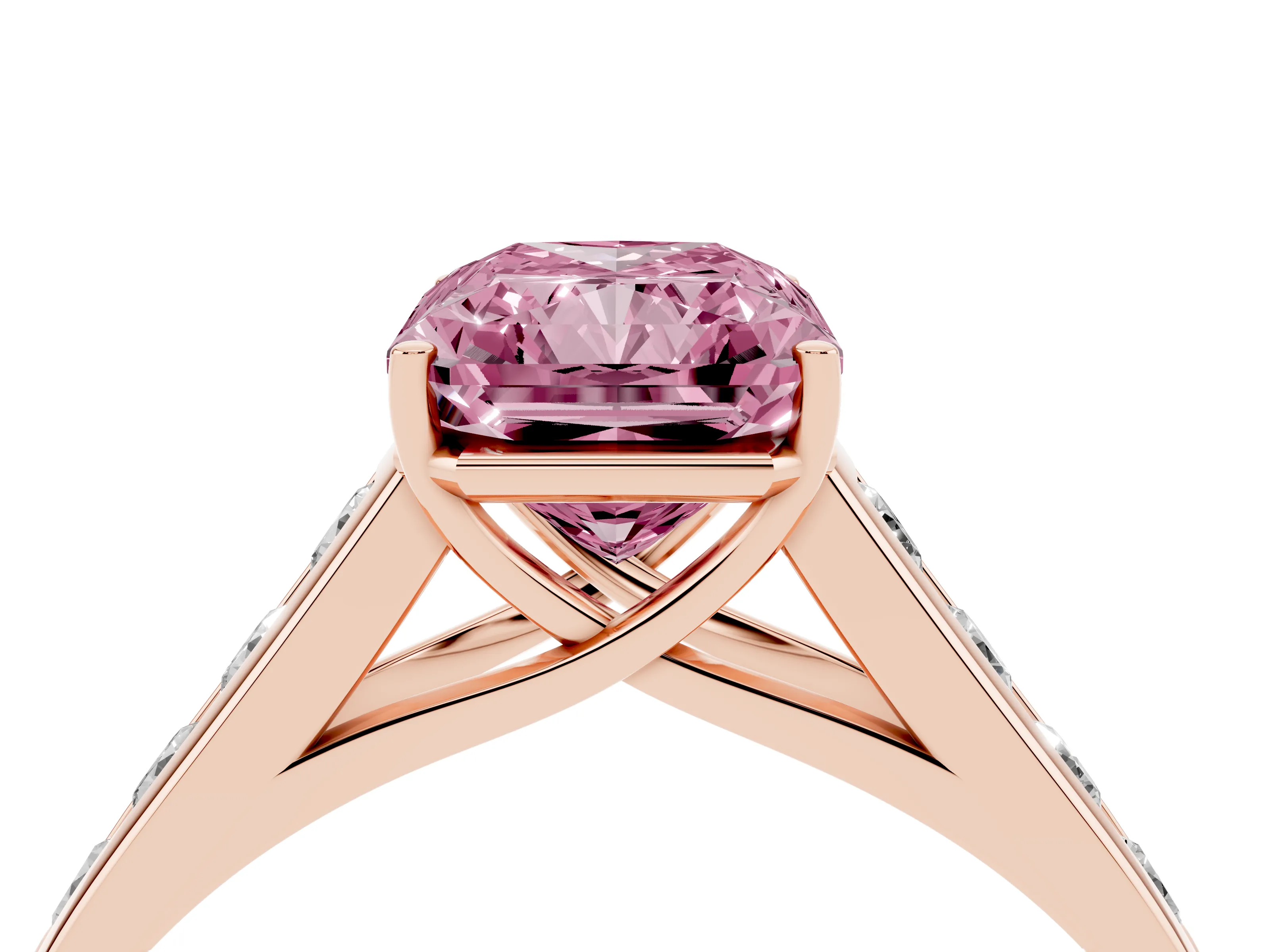Fancy Pink Radiant Cut Diamond Brilliant Channel-Set Solitaire Ring Set in Rose gold with Prong Setting