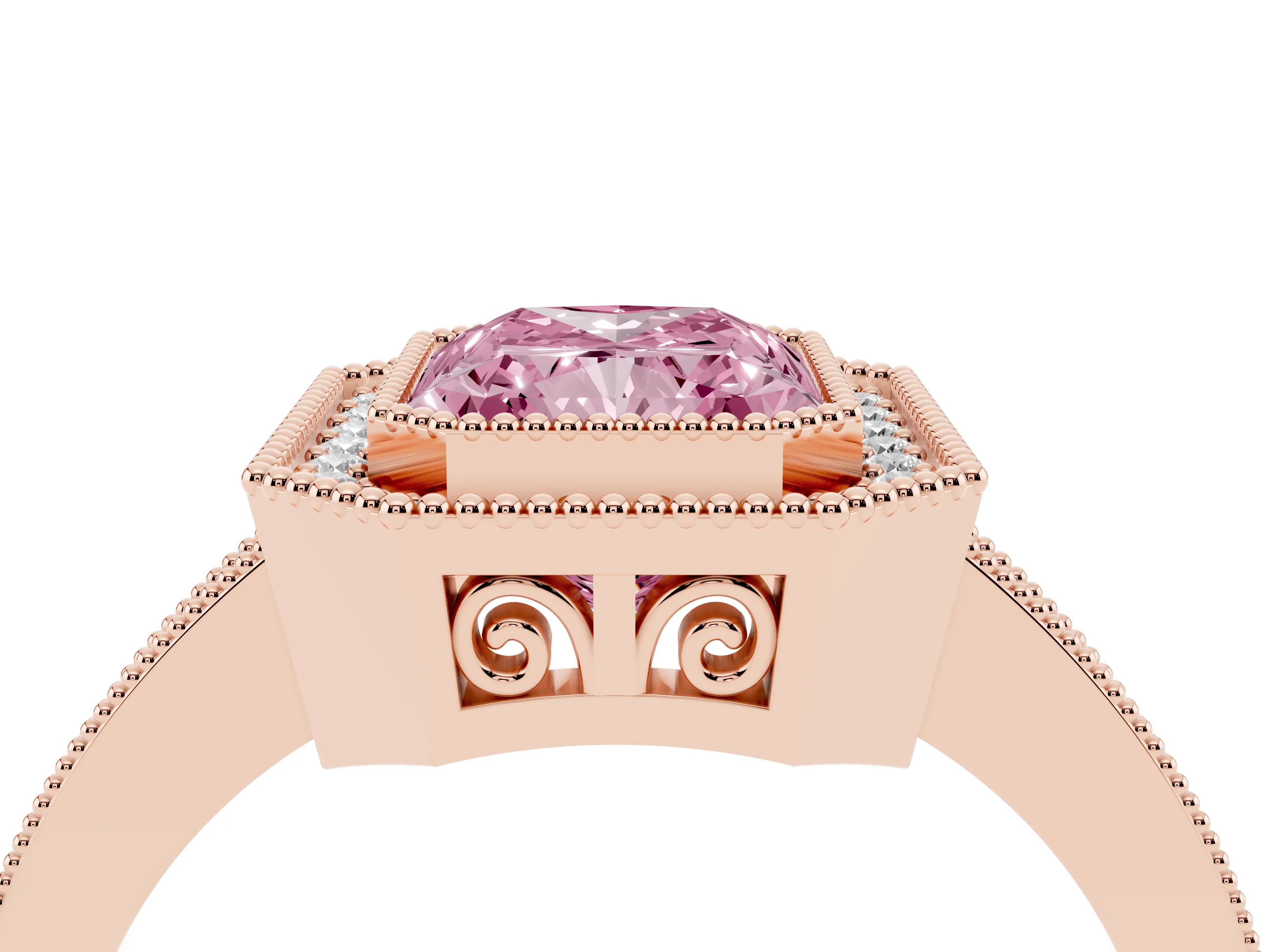 Fancy Pink Radiant Cut Diamond Round Halo Ring Set in Rose gold with Pavé Band