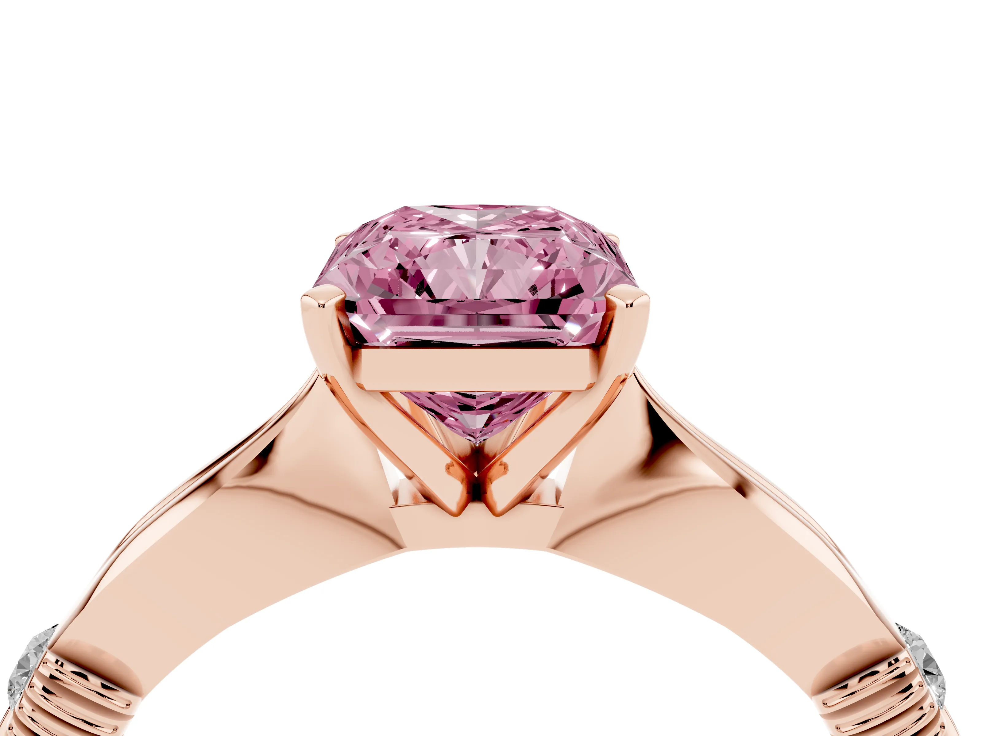 Fancy Pink Radiant Cut Diamond Solitaire Twisted Band Ring Set in Rose gold with Accent Stones and Prong Setting