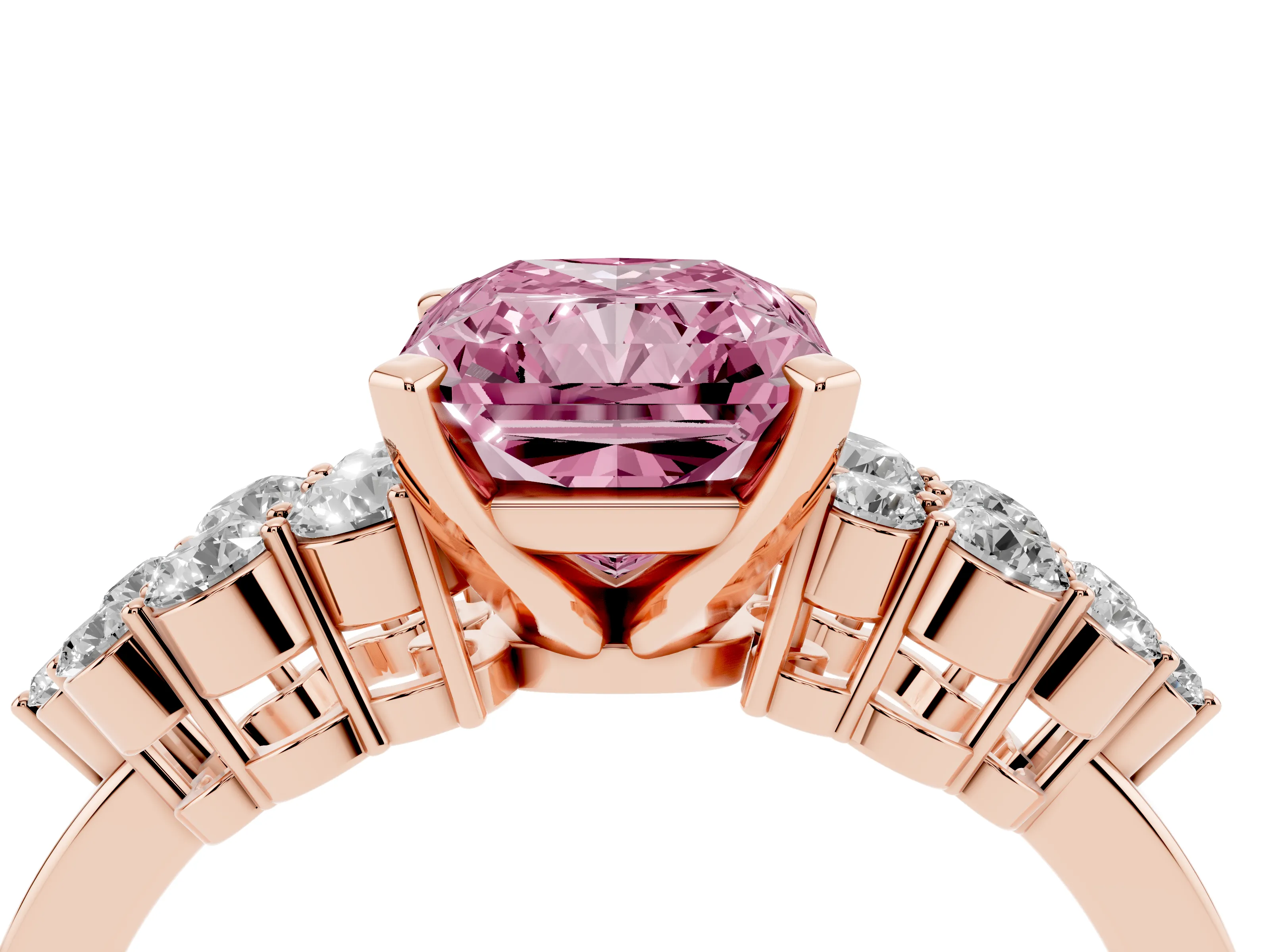 Fancy Pink Radiant Cut Diamond Cluster Engagement Ring Set in Rose gold with Pavé Band and Prong Setting