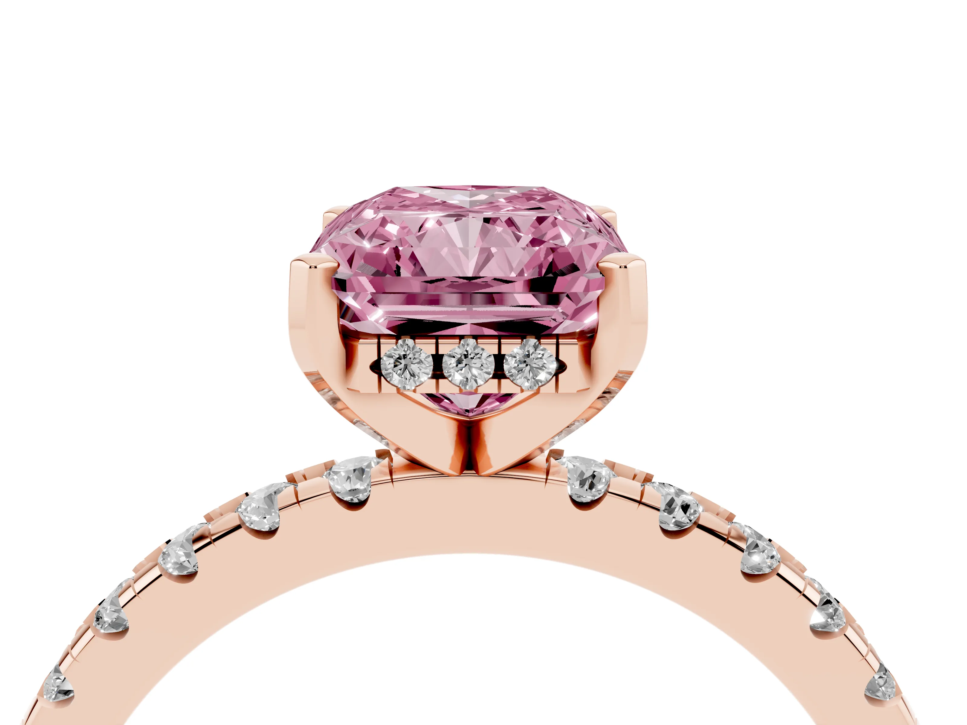 Fancy Pink Radiant Cut Diamond Pavé Solitaire Ring Set in Rose gold with Round Band Accents and Prong Setting