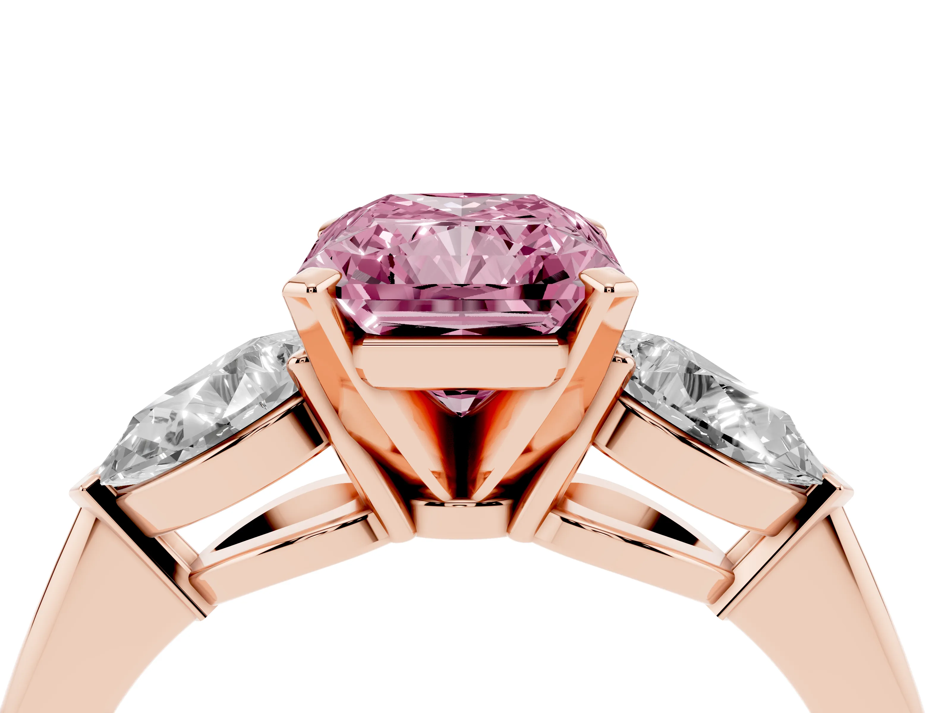 Fancy Pink Three-Stone Radiant Cut Diamond Ring Set in Rose gold with Pear Side Stones and Prong Setting