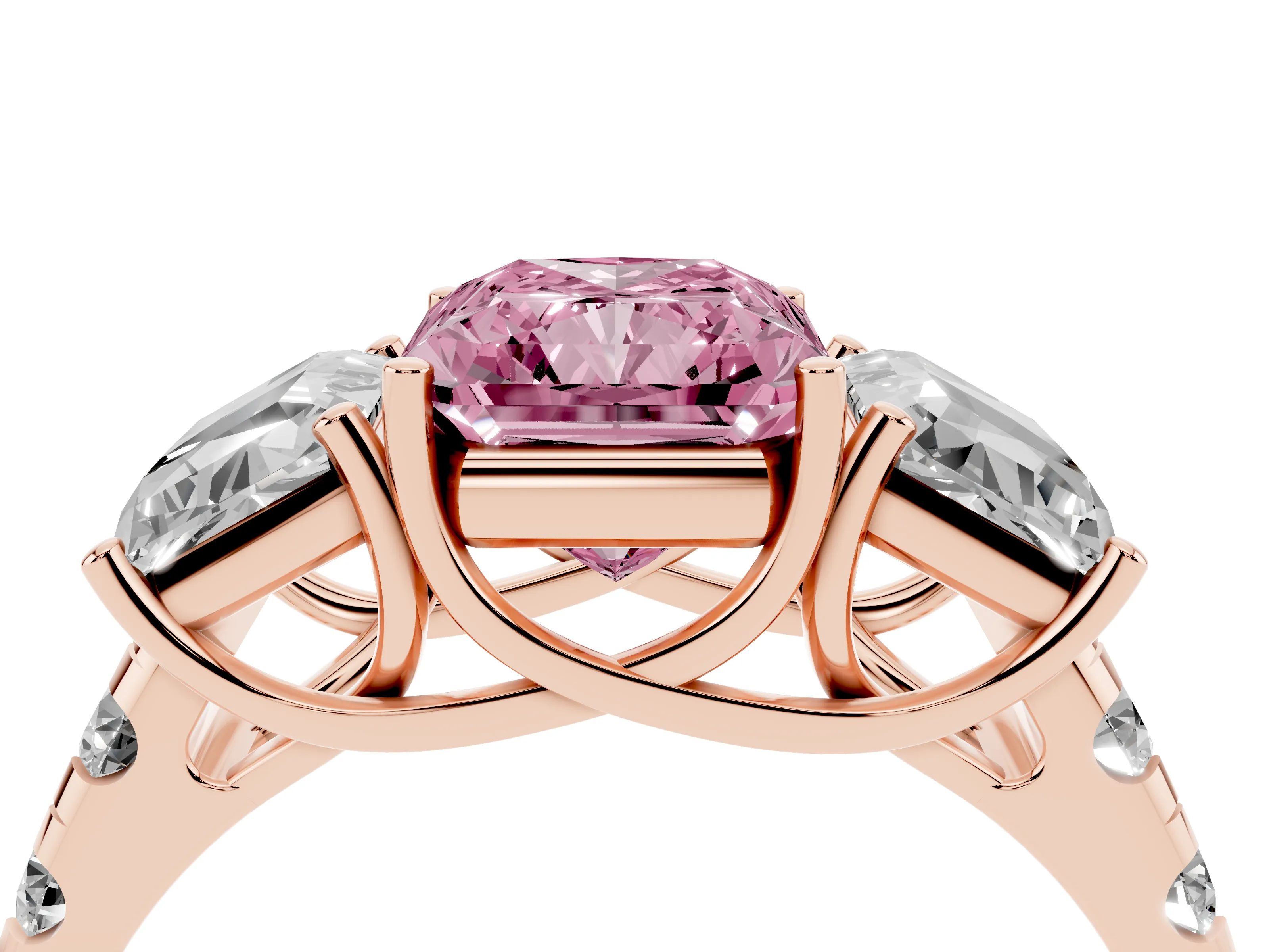 Fancy Pink Radiant Cut Diamond Three-Stone Ring Set in Rose gold with Pavé Band