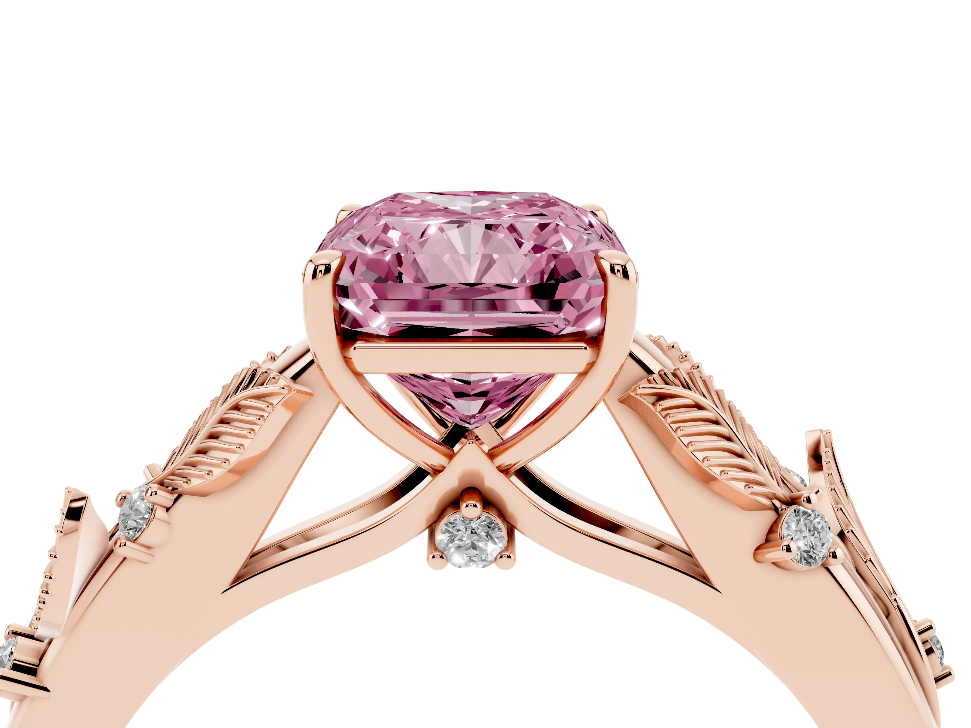 Fancy Pink Radiant Cut Diamond Solitaire Ring Set in Rose gold with Leaf Motif Band