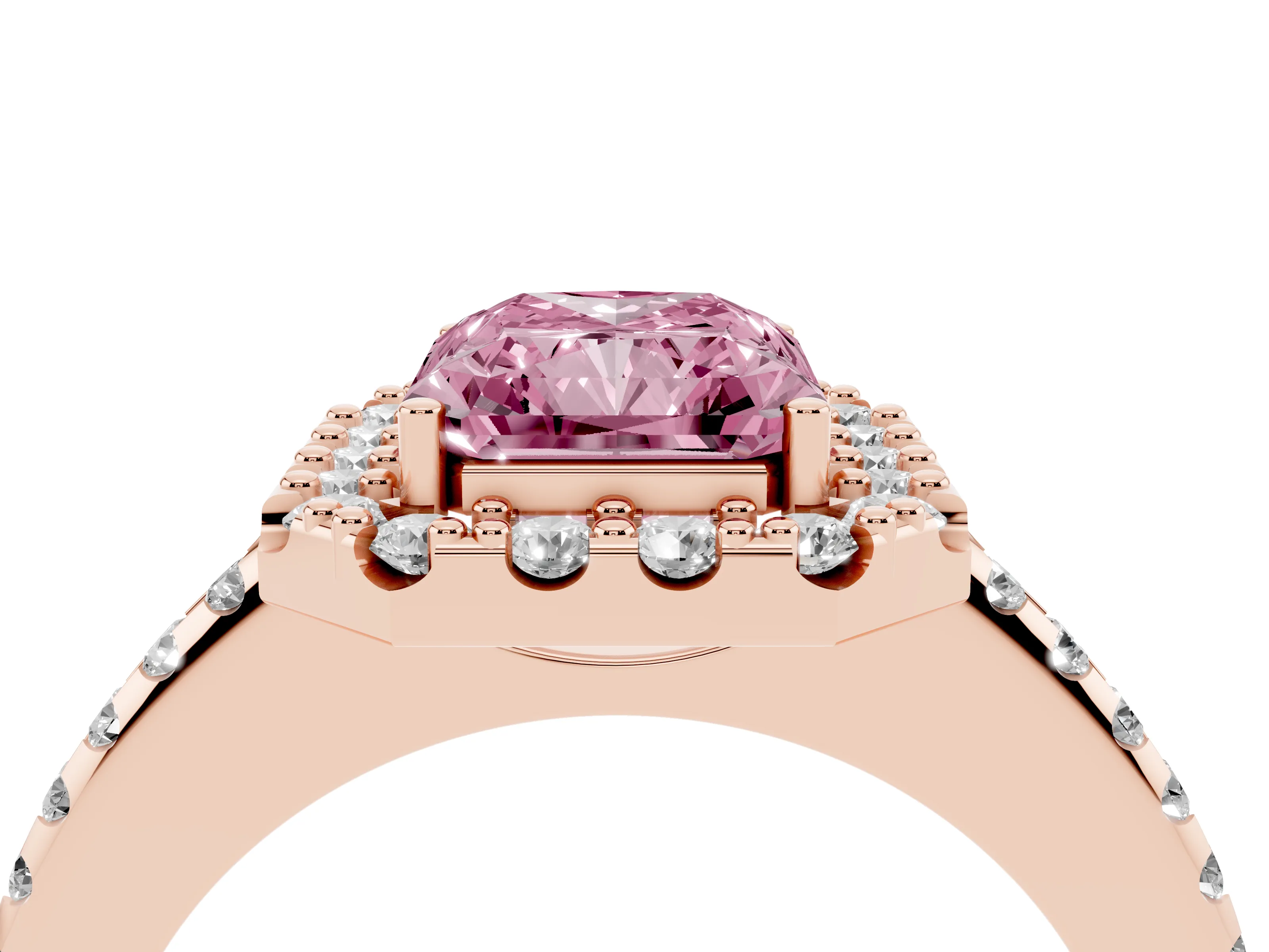 Fancy Pink Radiant Cut Diamond Pavé Halo Ring Set in Rose gold with Prong Setting