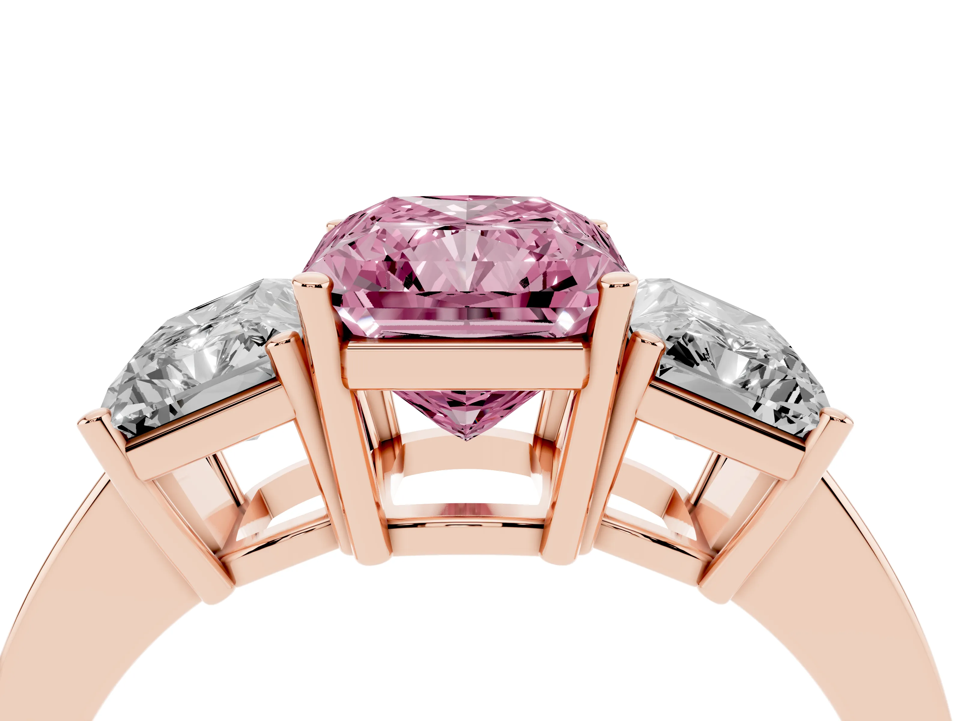 Fancy Pink Radiant Cut Diamond Three-Stone Engagement Ring Set in Rose gold with Flat Band