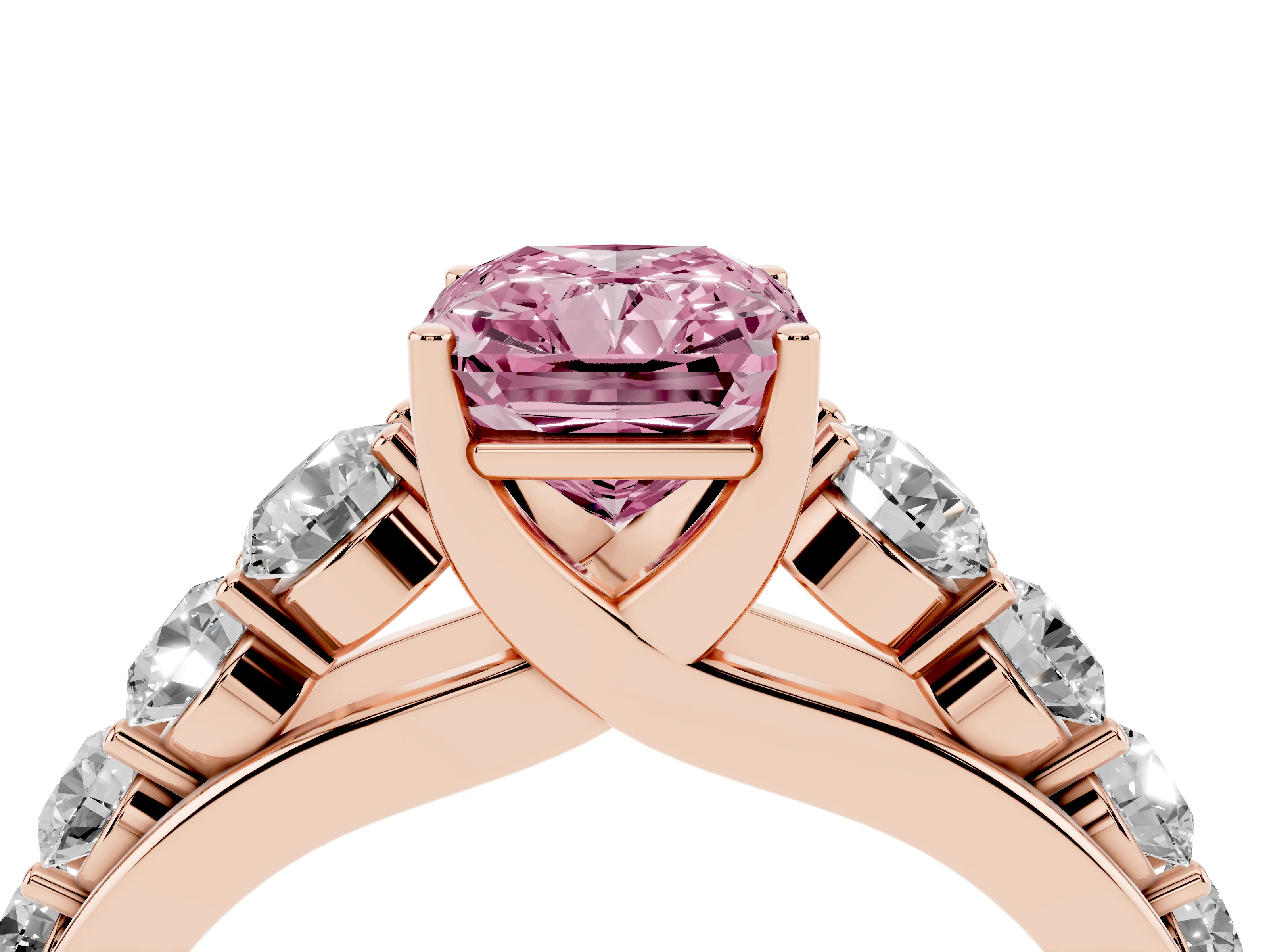 Fancy Pink Radiant Cut Diamond Solitaire Ring Set in Rose gold with Pavé-Set Band and Prong Setting