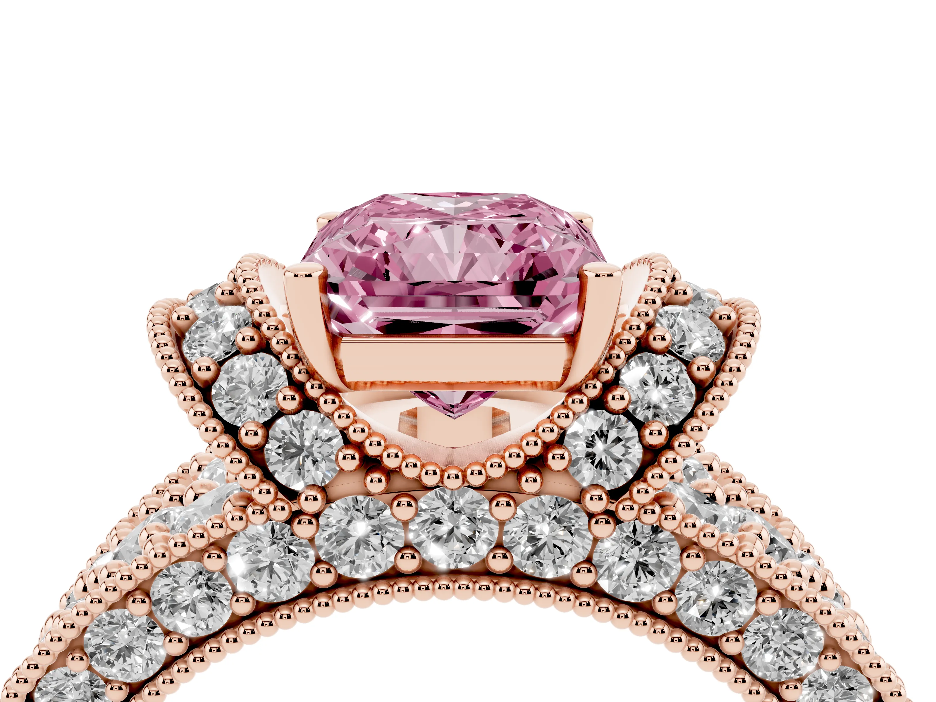 Fancy Pink Radiant Cut Diamond Milgrain Halo Pavé Engagement Ring Set in Rose gold with Prong Setting