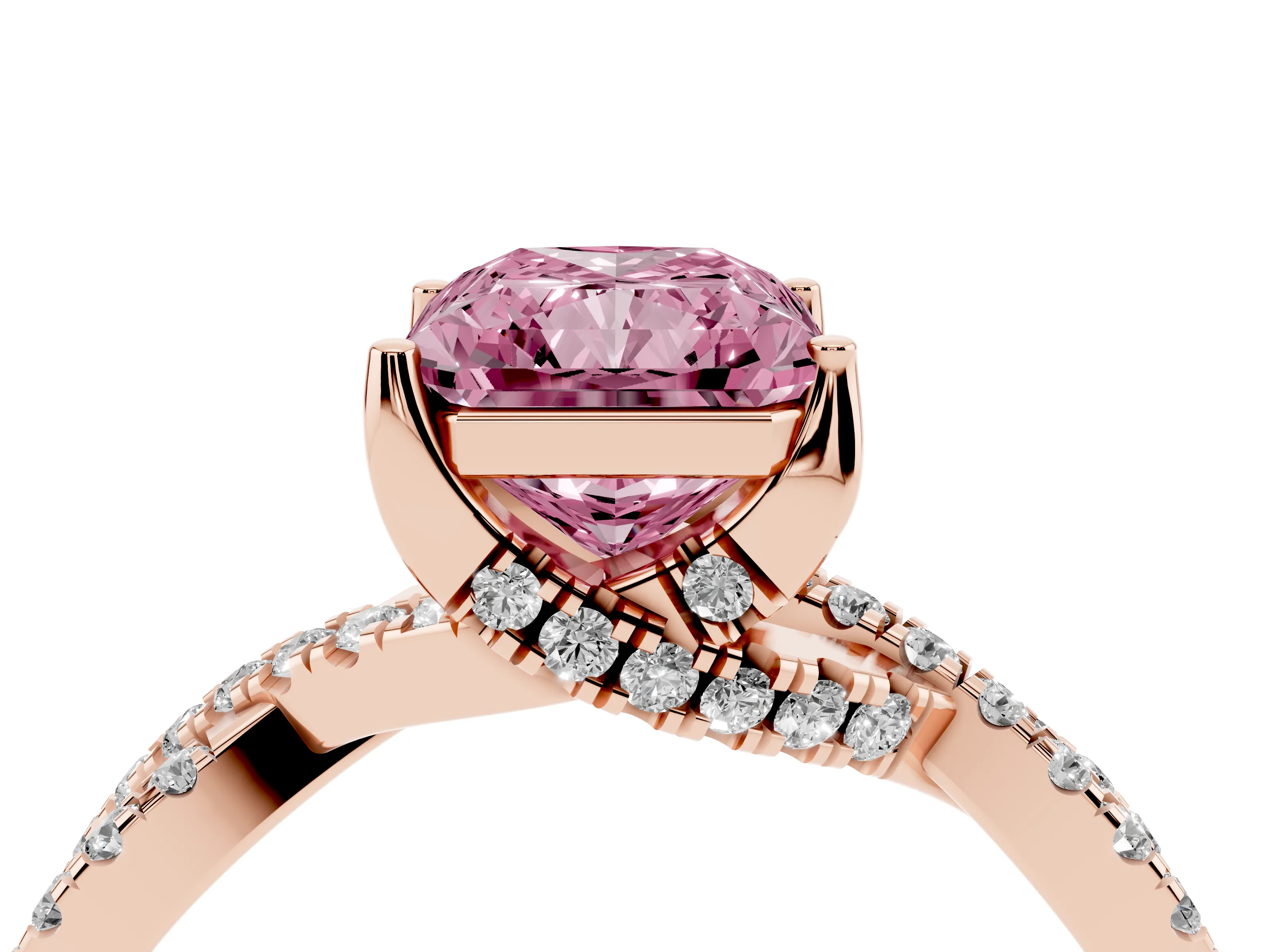 Fancy Pink Radiant Cut Diamond Twist Pavé Solitaire Engagement Ring Set in Rose gold with Prong Setting