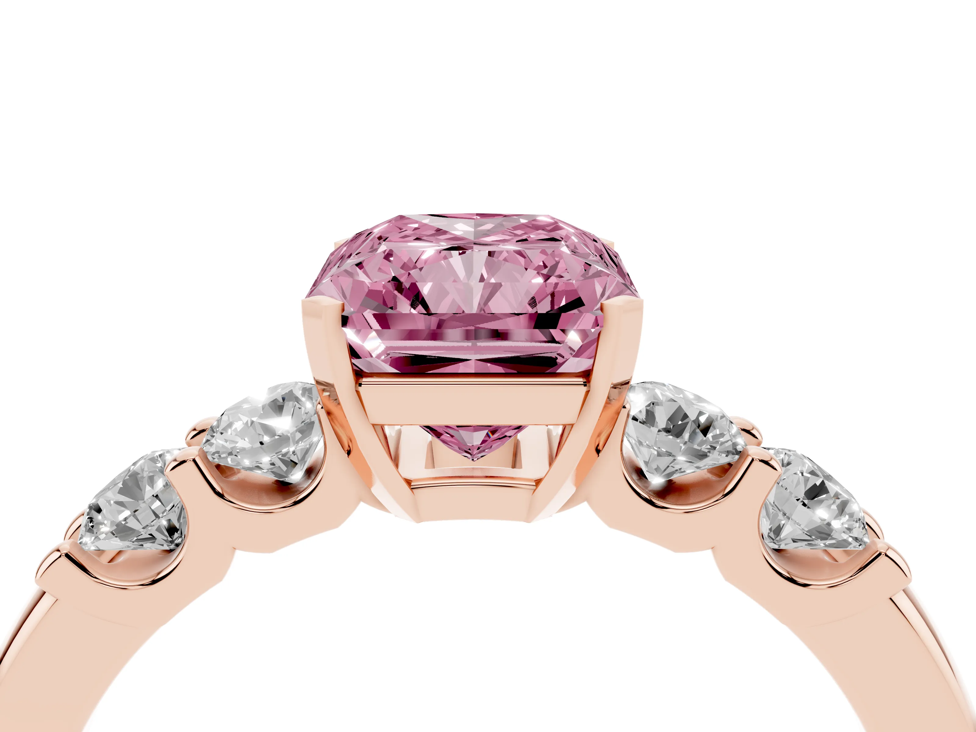 Fancy Pink Radiant Cut Diamond Five-Stone Prong Set Engagement Ring Set in Rose gold with Channel Band