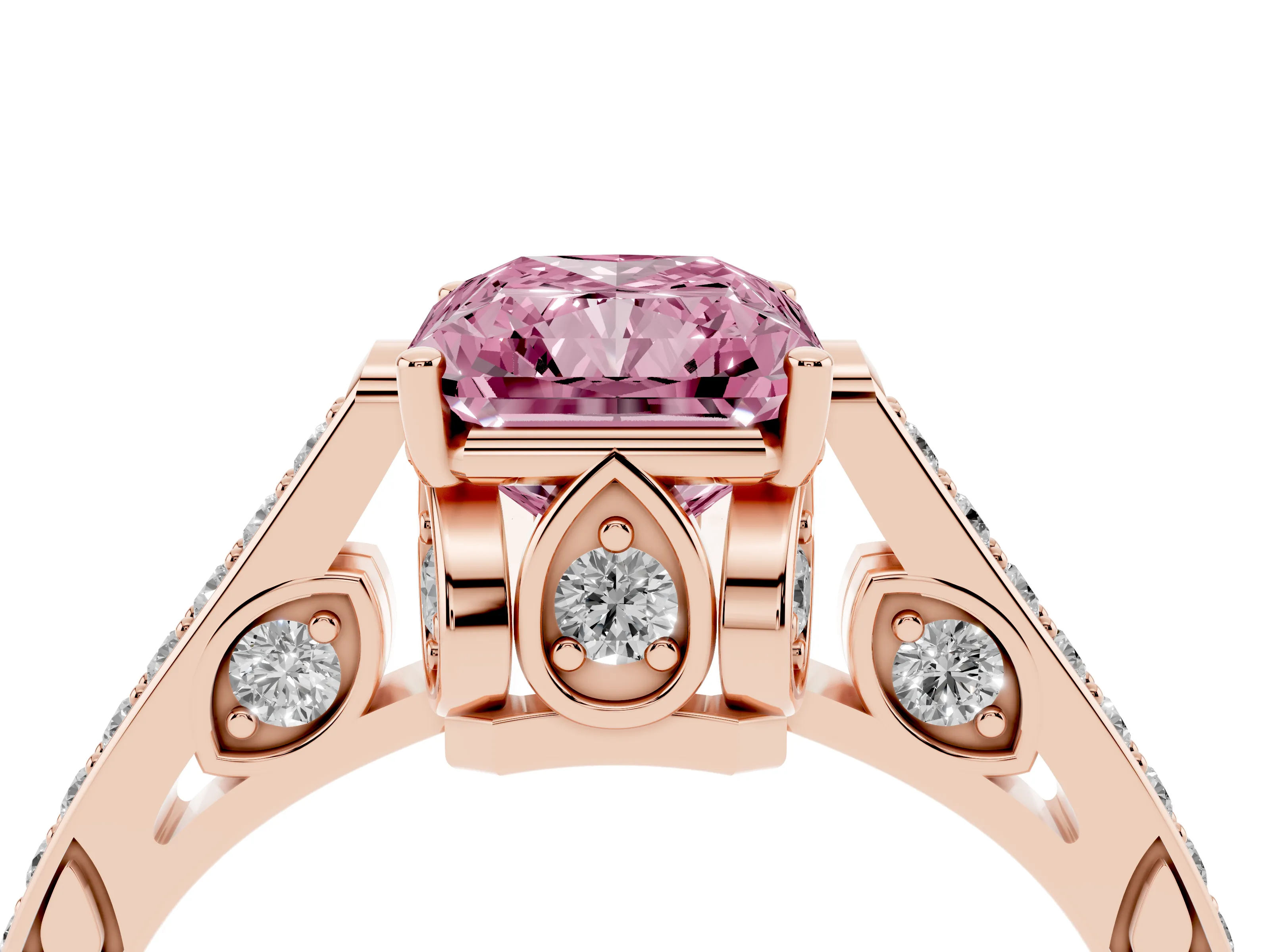 Fancy Pink Radiant Cut Diamond Cathedral Pavé Engagement Ring Set in Rose gold with Prong Setting