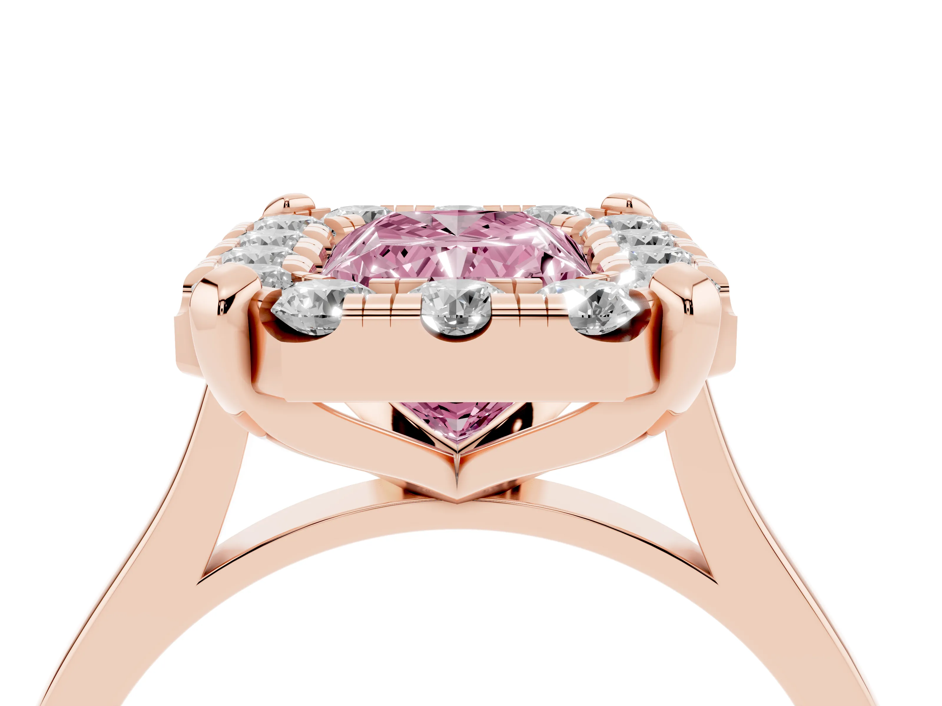 Fancy Pink Radiant Cut Diamond Cluster Halo Solitaire Ring Set in Rose gold with Prong Setting