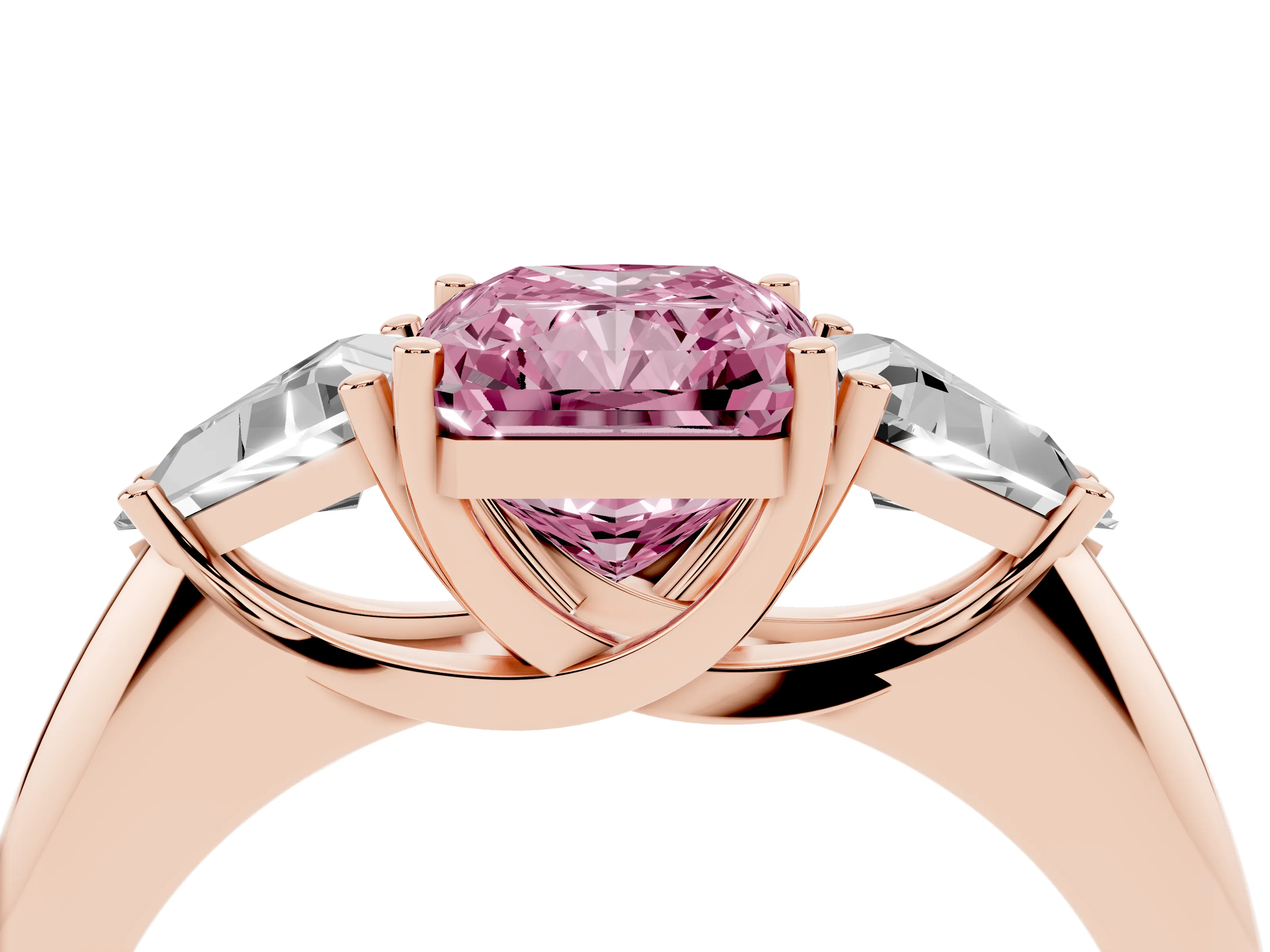 Fancy Pink Radiant Cut Diamond Three-Stone Engagement Ring Set in Rose gold with Trillion Side Stones