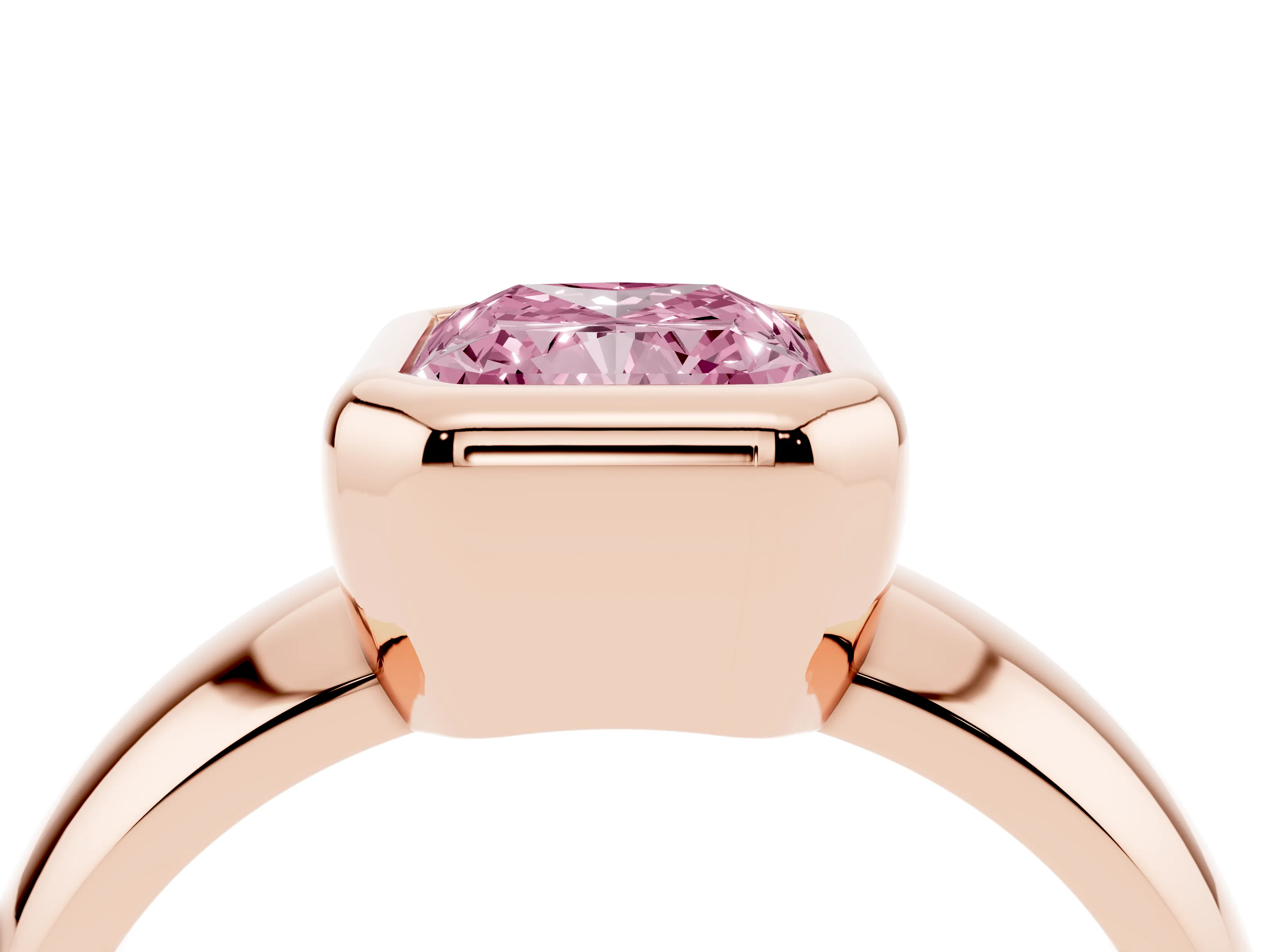 Fancy Pink Bezel Set Radiant Cut Diamond Solitaire Ring Set in Rose gold with Wide Band