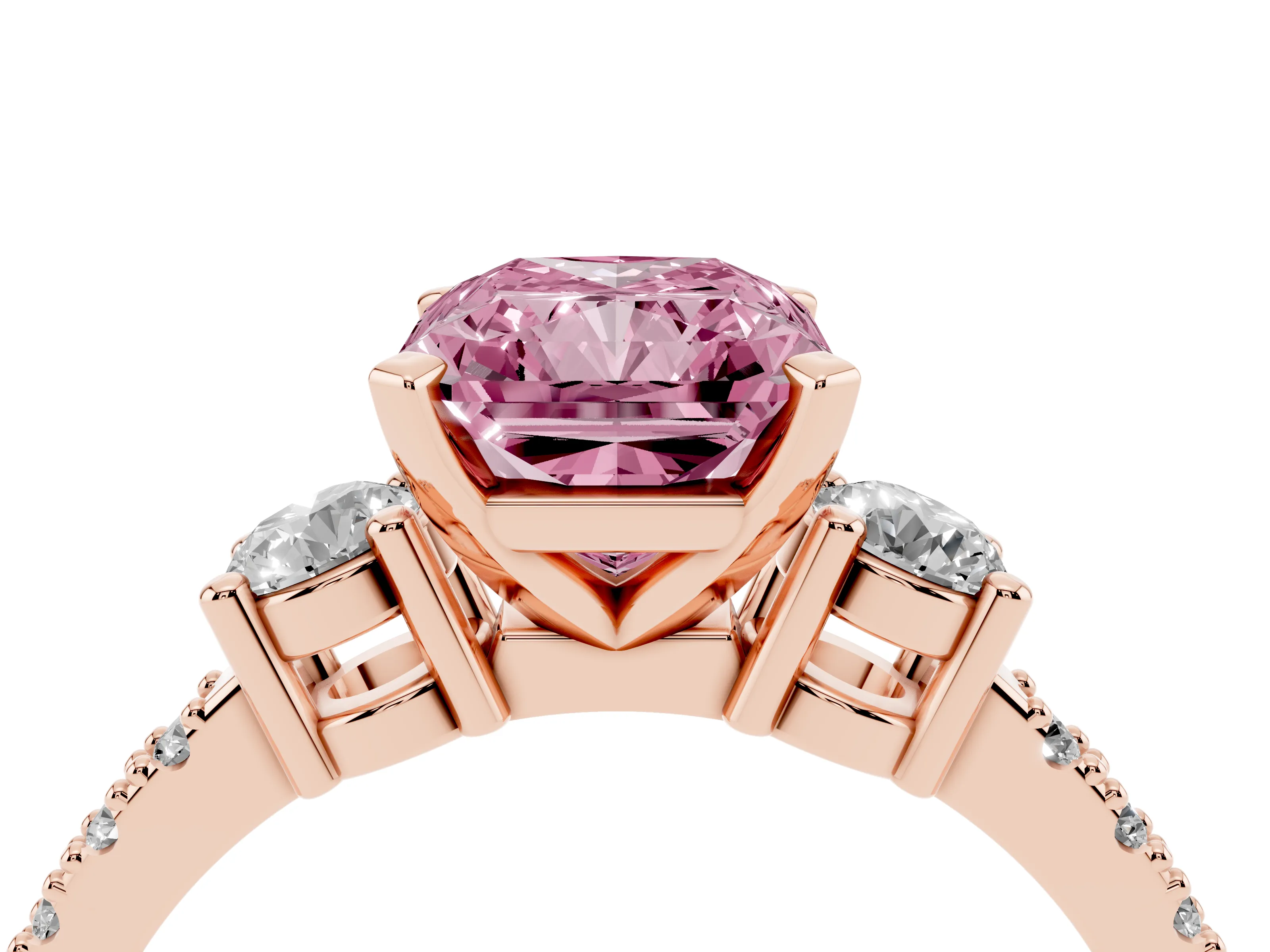 Fancy Pink Three-Stone Radiant Cut Diamond Pavé Band Ring Set in Rose gold with Prong Setting