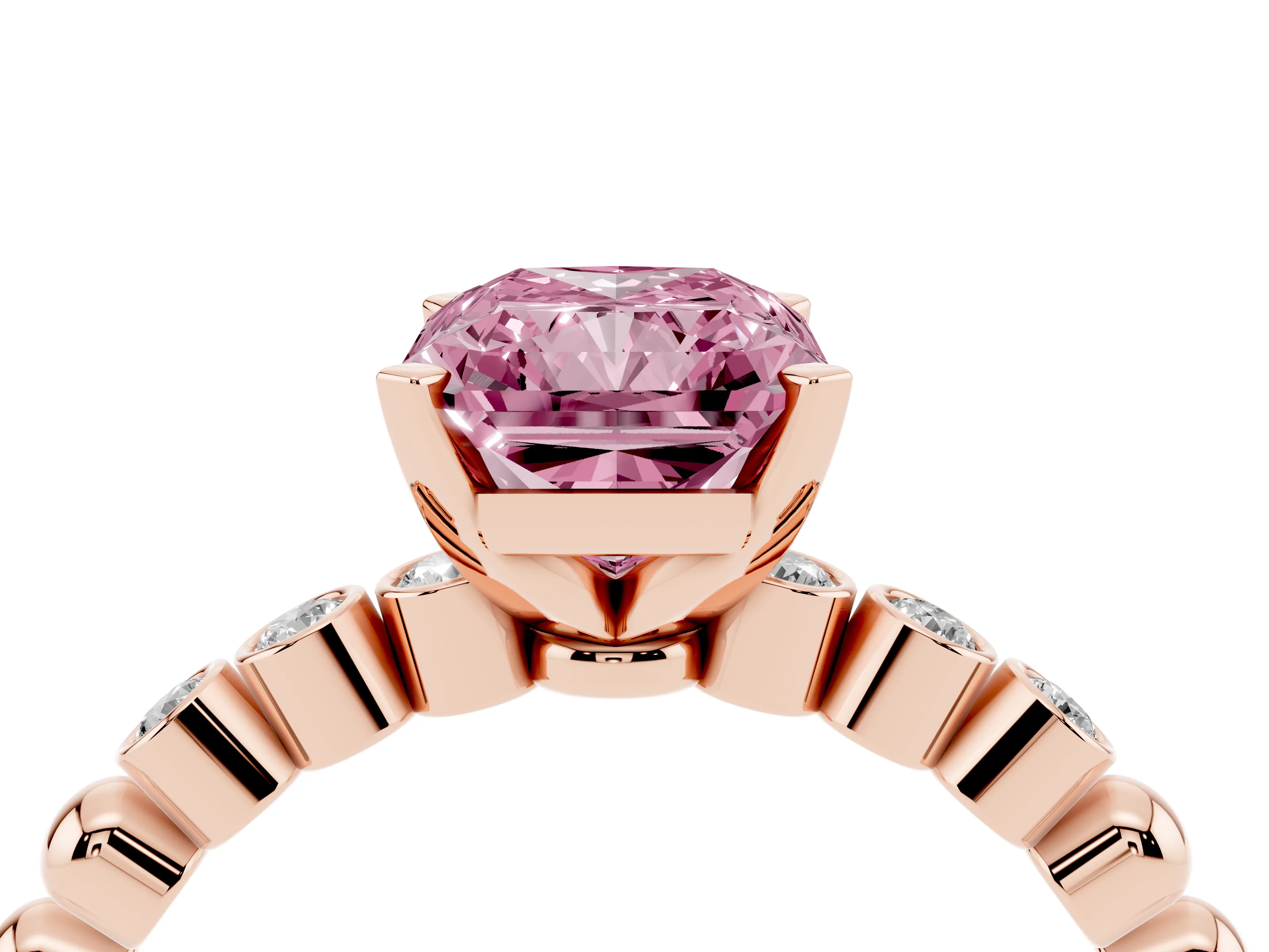 Fancy Pink Radiant Cut Diamond Solitaire Engagement Ring Set in Rose gold with Bezel Accents on Beaded Band