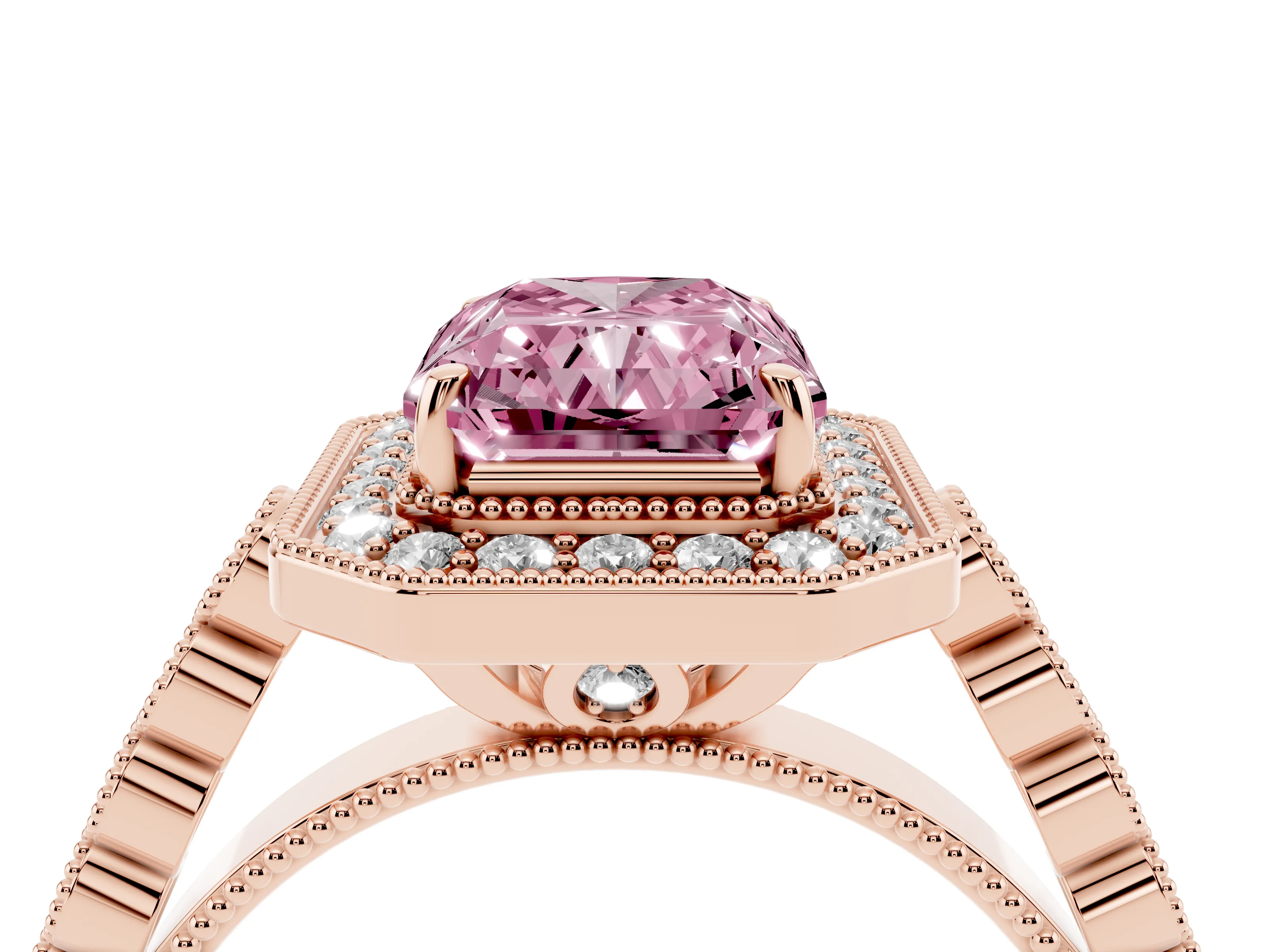 Fancy Pink Radiant Cut Diamond Milgrain Halo Solitaire Ring Set in Rose gold with Bezel Set Side Stones and Pavé Band