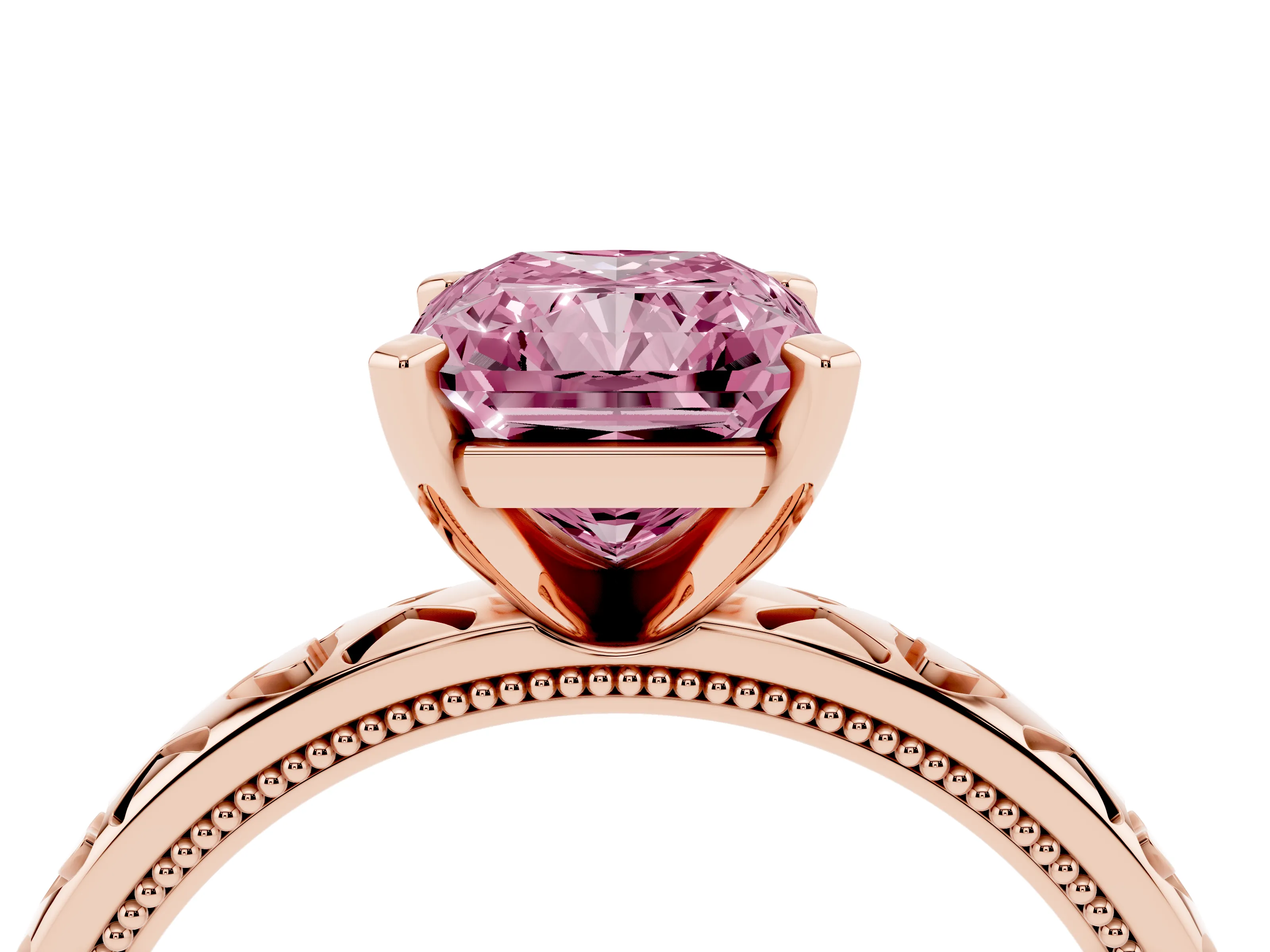Fancy Pink Radiant Cut Diamond Solitaire Engagement Ring Set in Rose gold with XO Engraved Band and Prong Setting