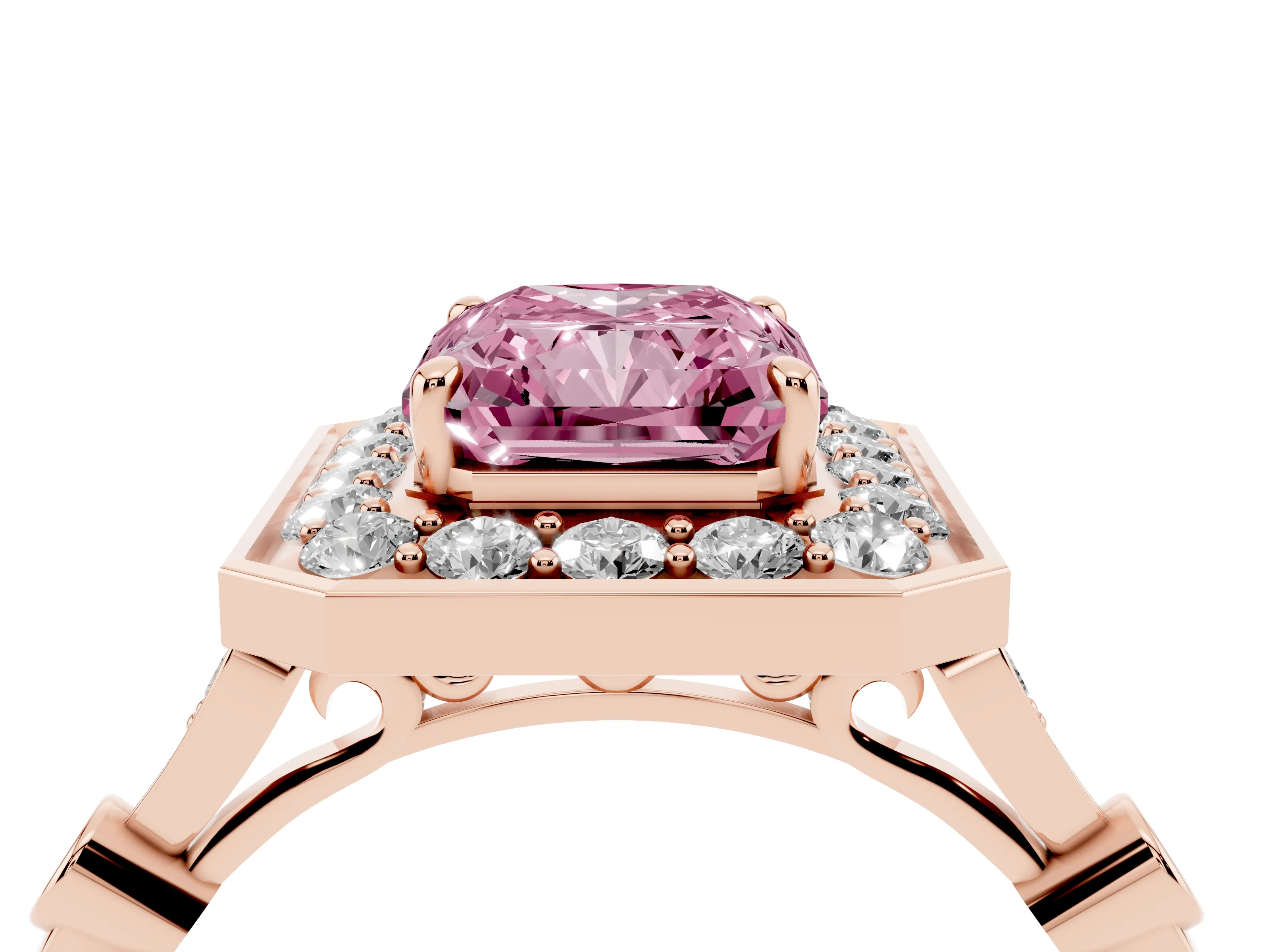 Fancy Pink Radiant Cut Diamond Halo Engagement Ring Set in Rose gold with Twisted Band and Prong Setting