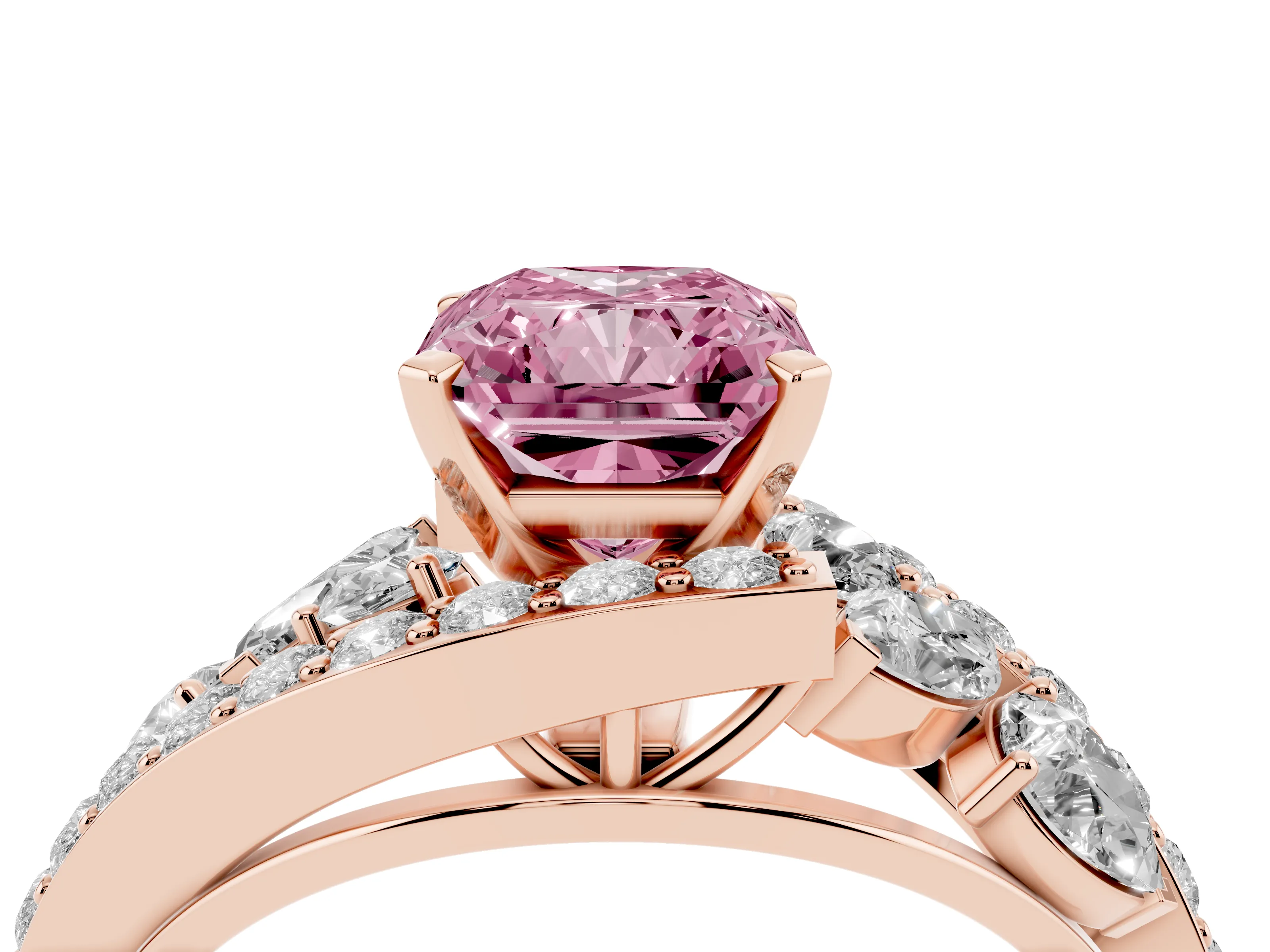 Fancy Pink Radiant Cut Diamond Halo Ring Set in Rose gold with Marquise and Pavé Band in Prong Setting