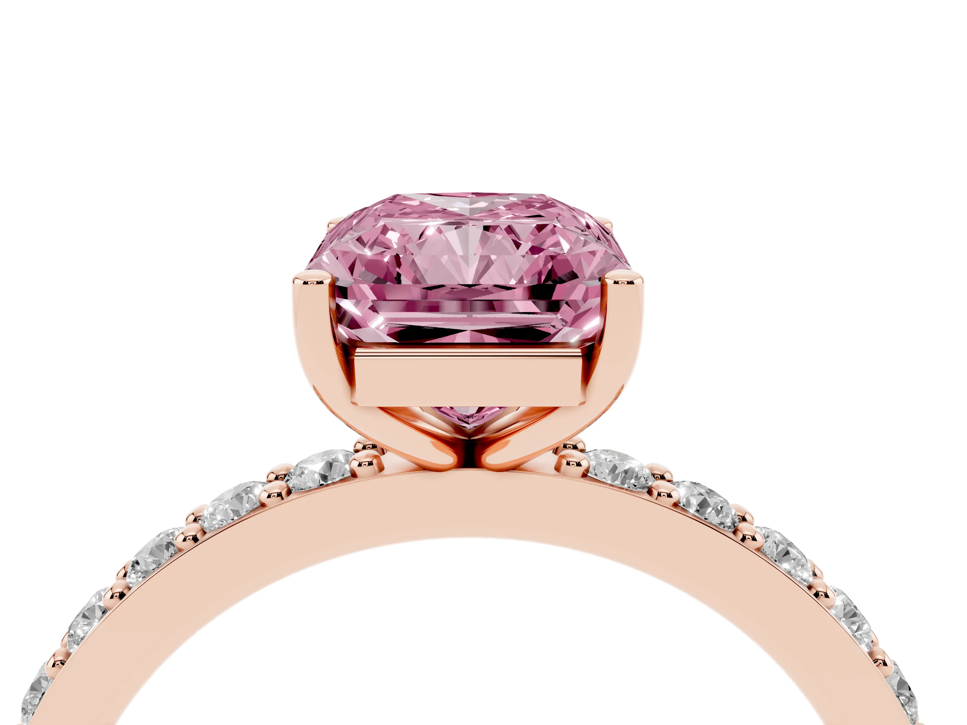 Fancy Pink Radiant Cut Diamond Solitaire Set in Rose gold with Round Pavé Band and Prong Setting