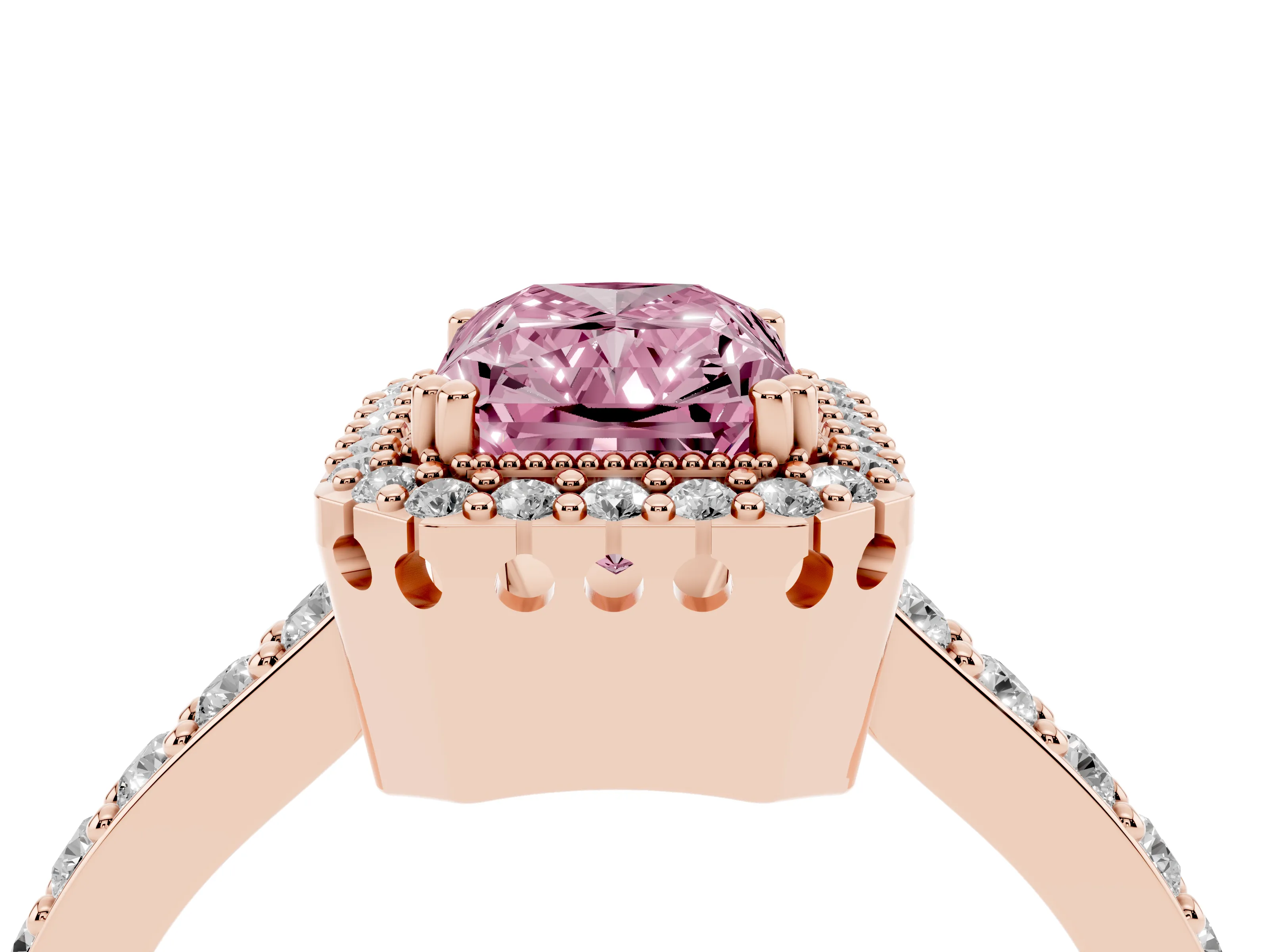 Fancy Pink Radiant Cut Diamond Halo Engagement Ring Set in Rose gold with Milgrain Detail and Pavé Band
