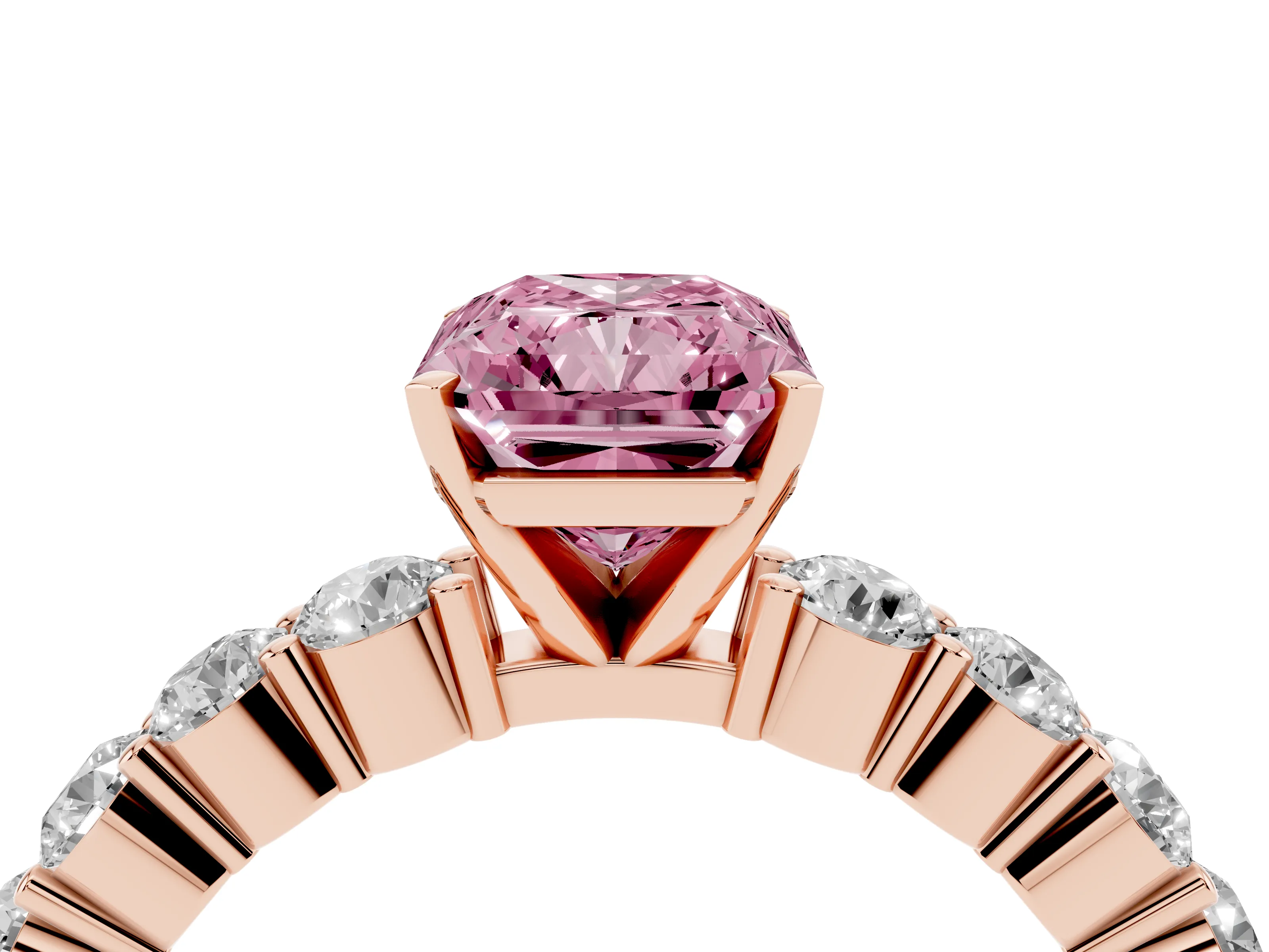 Fancy Pink Radiant Cut Diamond Solitaire Ring Set in Rose gold with Shared Prong Round Side Stones