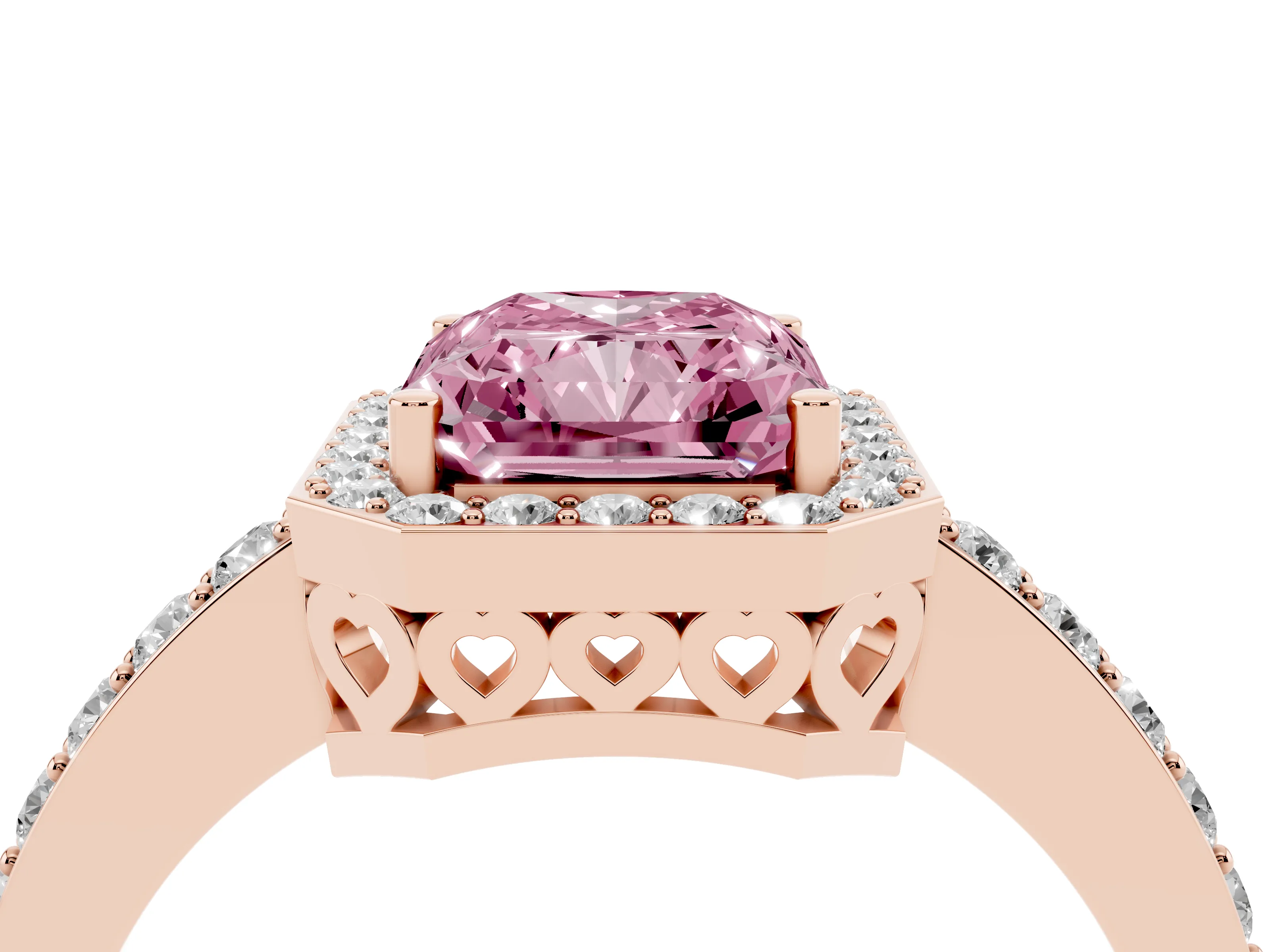 Fancy Pink Radiant Cut Diamond Halo Ring Set in Rose gold with Pavé-Setting Band and Open Prong Center