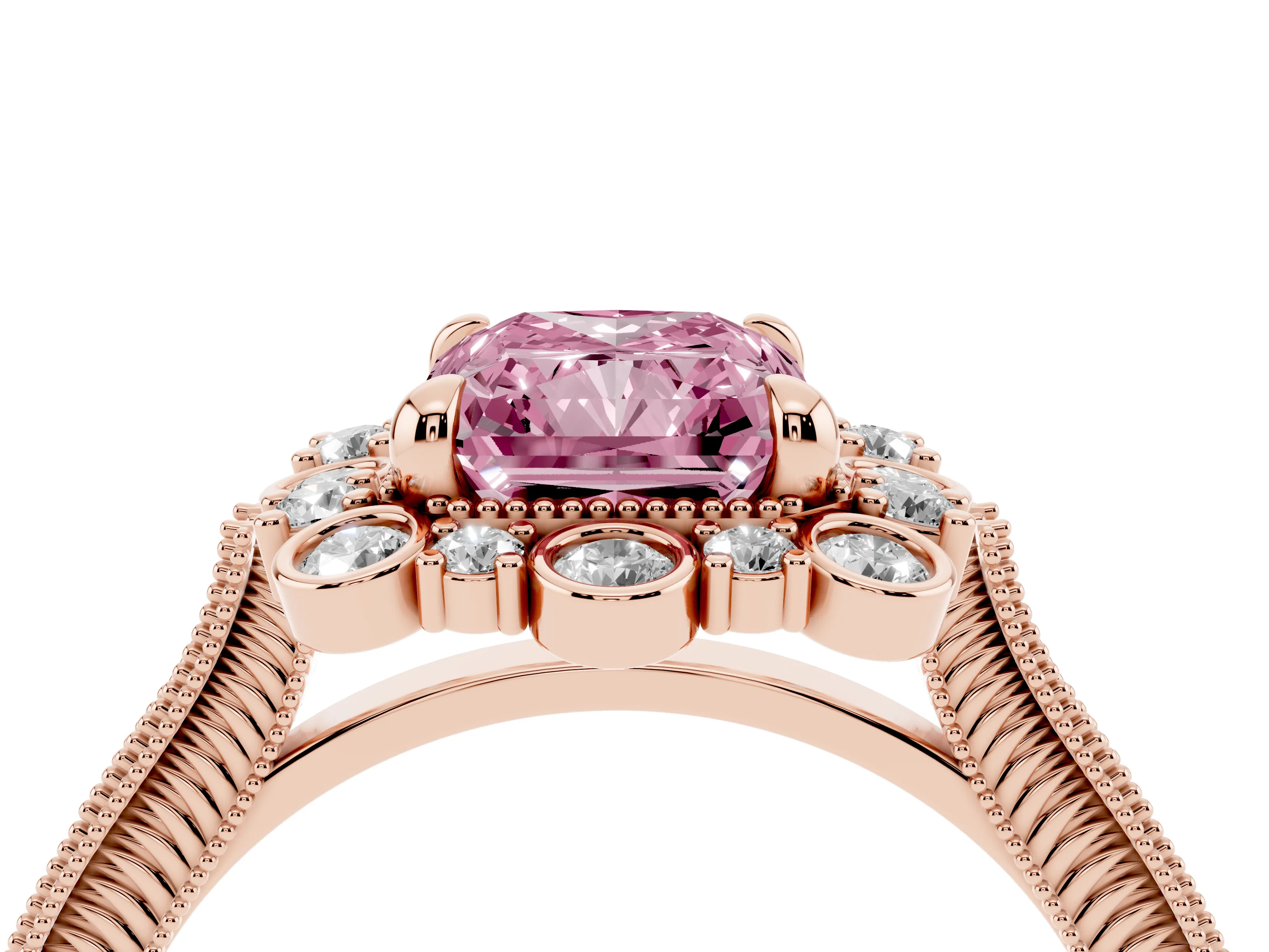 Fancy Pink Radiant Cut Diamond Halo Milgrain Pavé Ring Set in Rose gold with Prong Setting