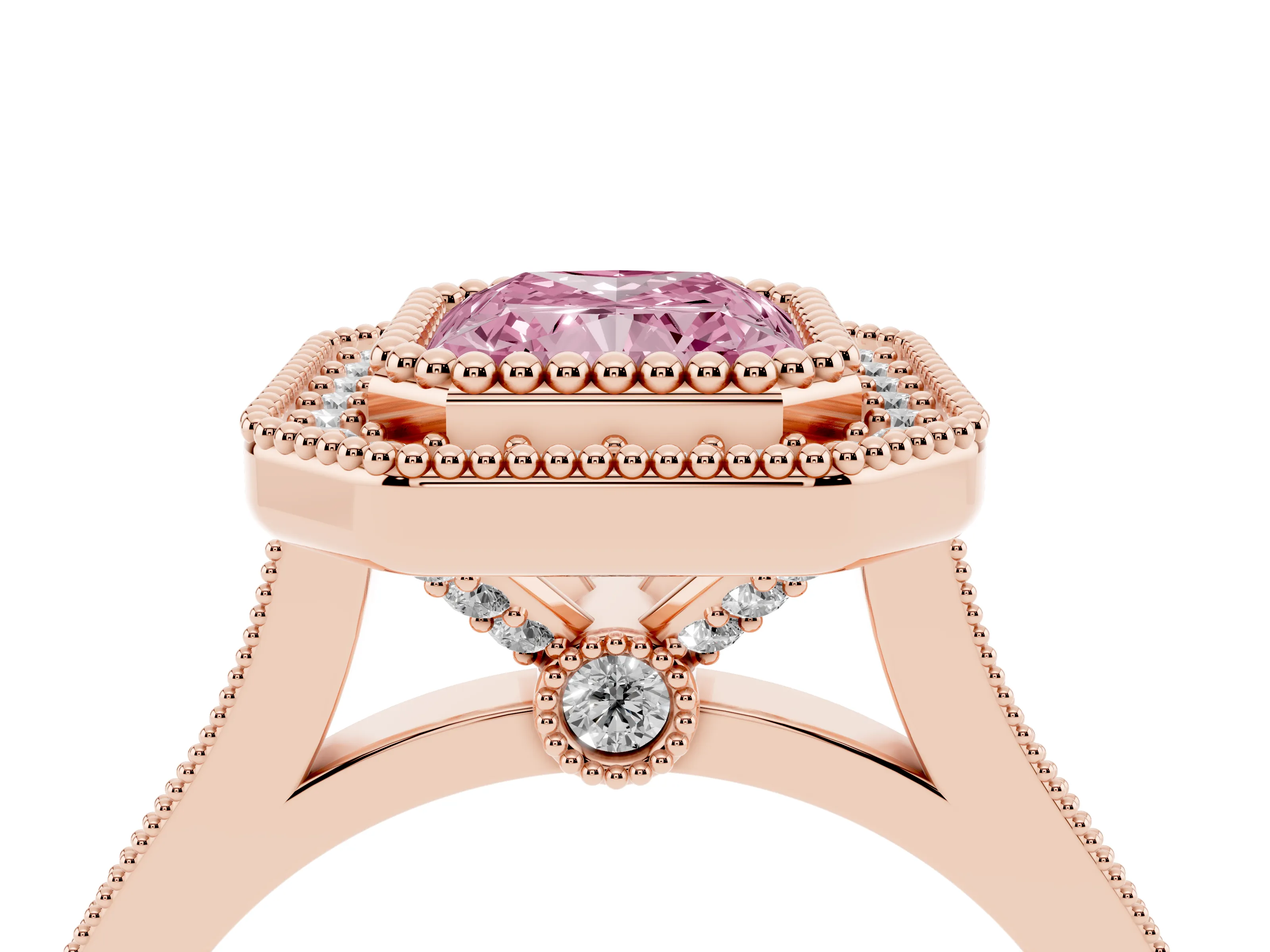 Fancy Pink Radiant Cut Diamond Halo Ring Set in Rose gold with Milgrain Frame and Pavé Band
