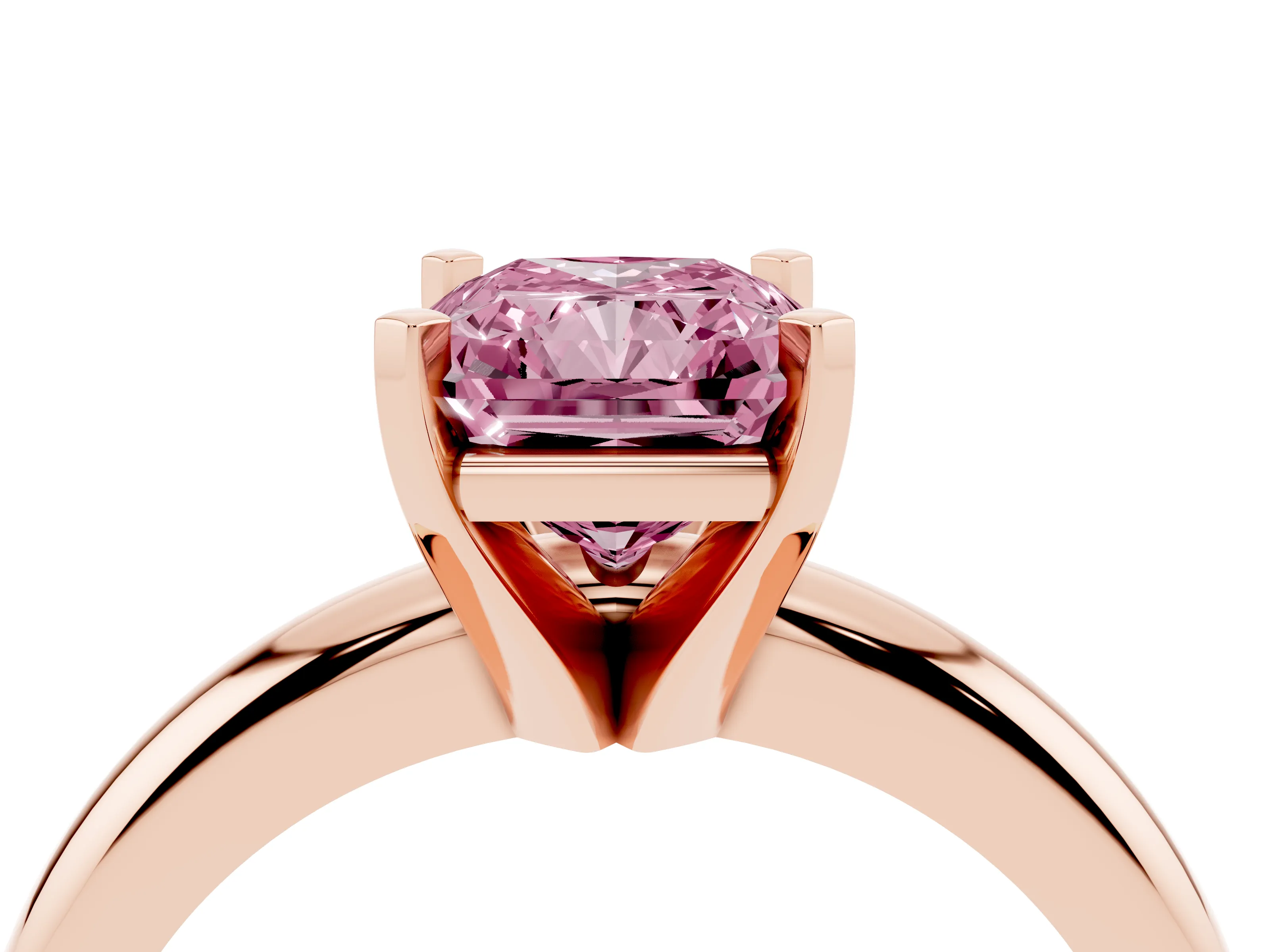 Fancy Pink Radiant Cut Diamond Solitaire Engagement Ring Set in Rose gold with Round Band and Prong Setting
