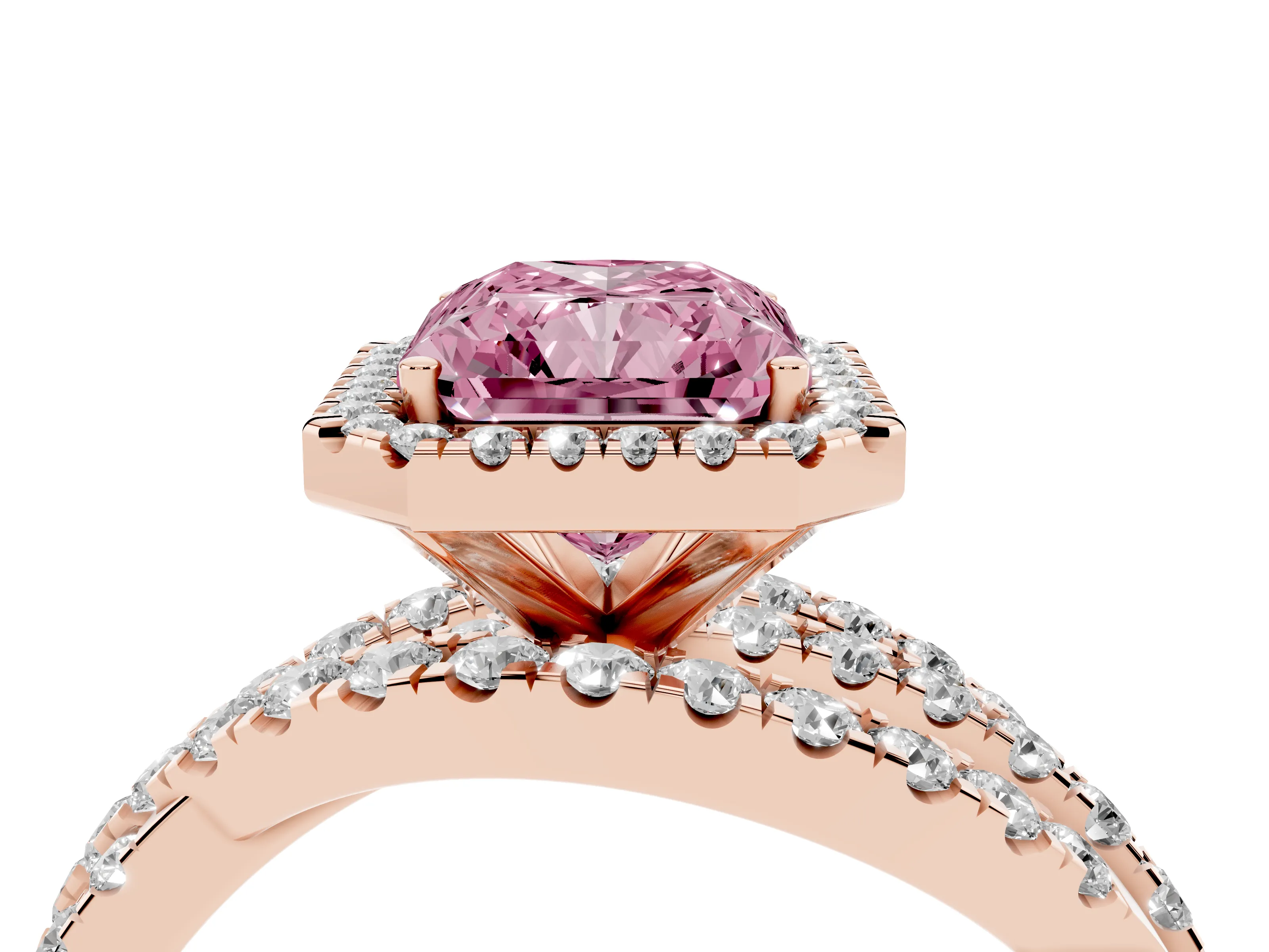 Fancy Pink Radiant Cut Diamond Halo Ring Set in Rose gold with Round Crossover Split Shank and Prong Setting
