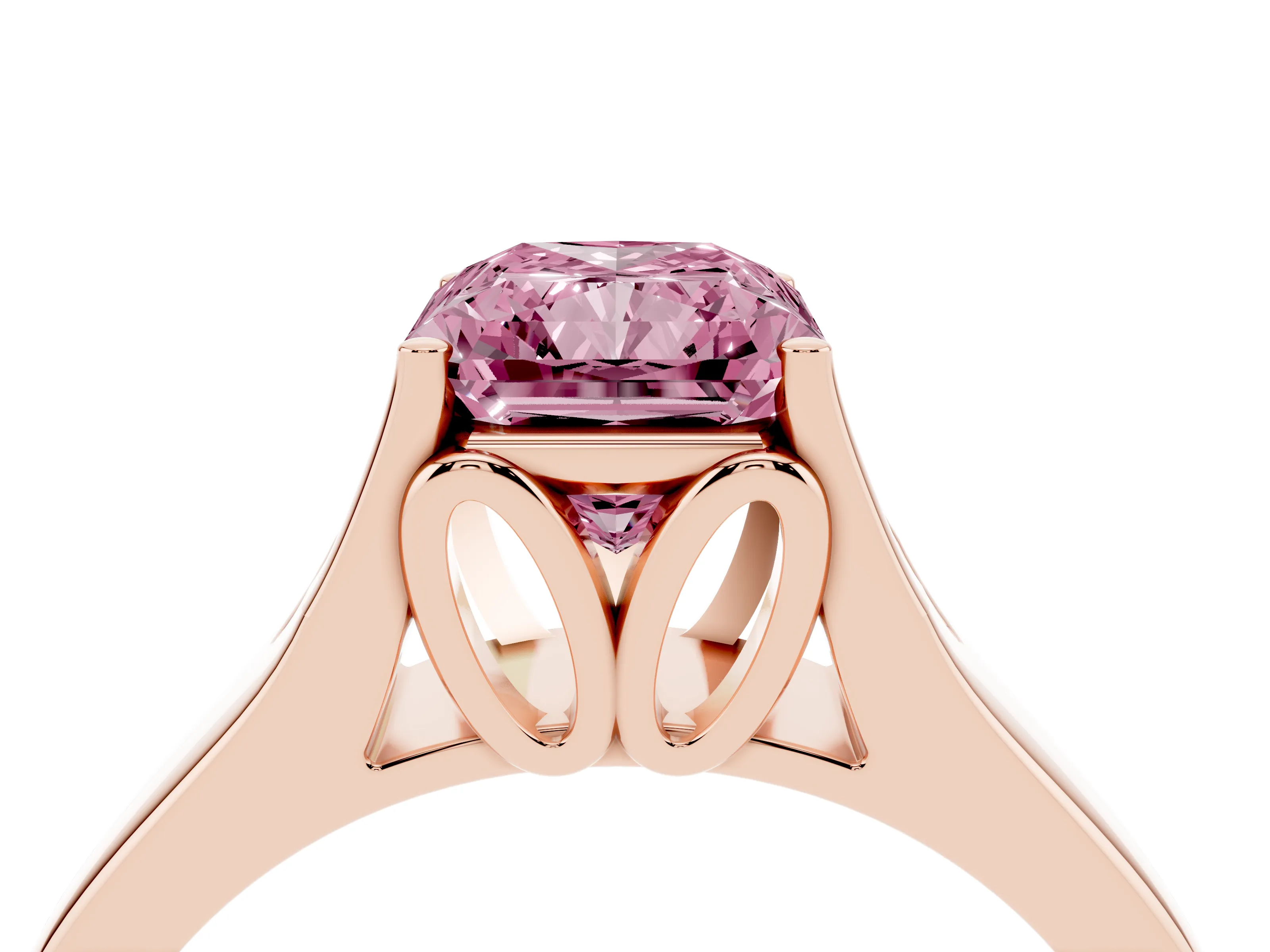 Fancy Pink Radiant Cut Diamond Solitaire Ring Set in Rose gold with Arched Cathedral Band and Prong Setting