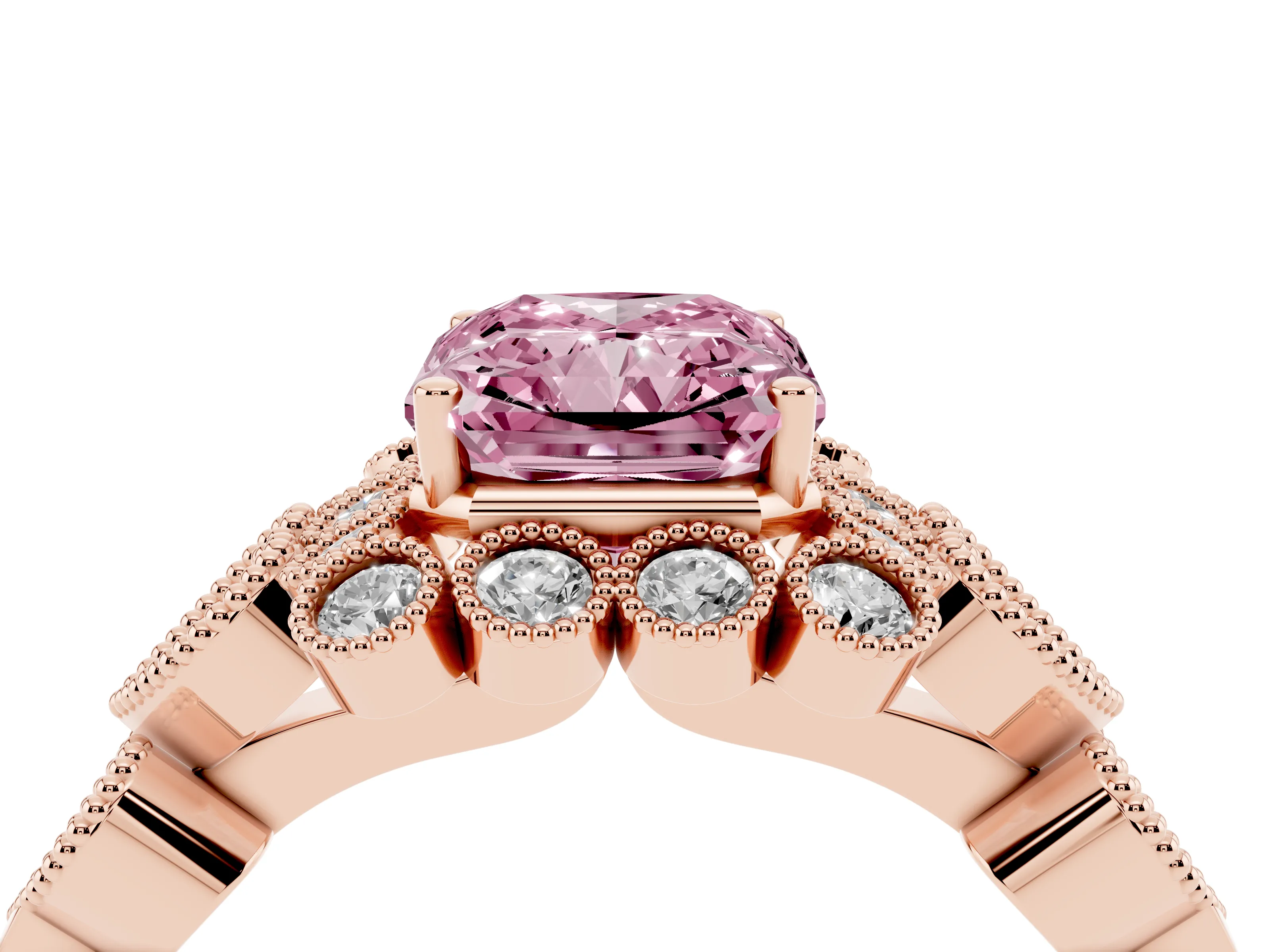 Fancy Pink Radiant Cut Diamond Solitaire Ring Set in Rose gold with Milgrain Pavé Heart Band