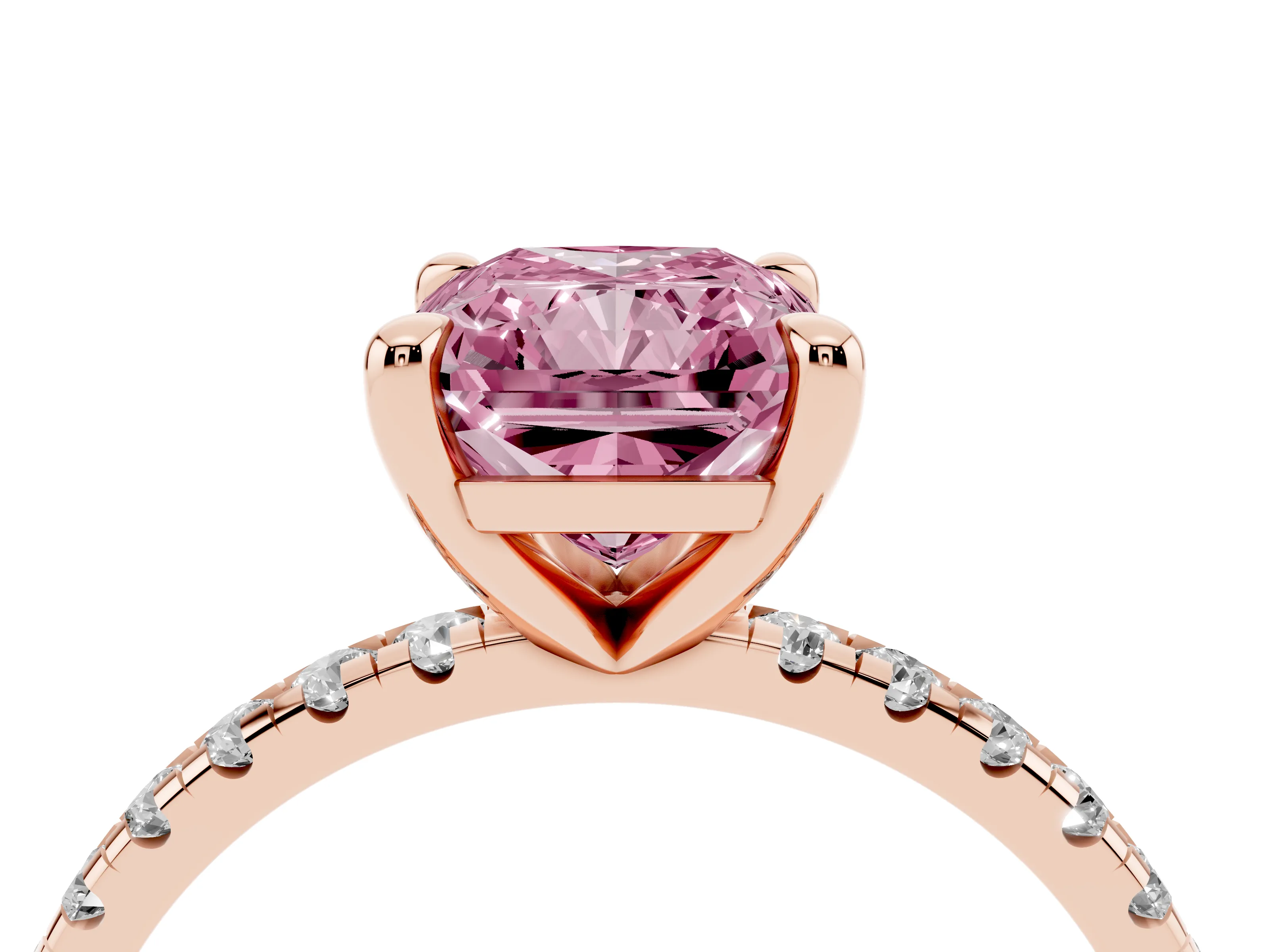 Fancy Pink Radiant Cut Diamond Brilliant Solitaire Ring Set in Rose gold with Pavé Band and Prong Setting