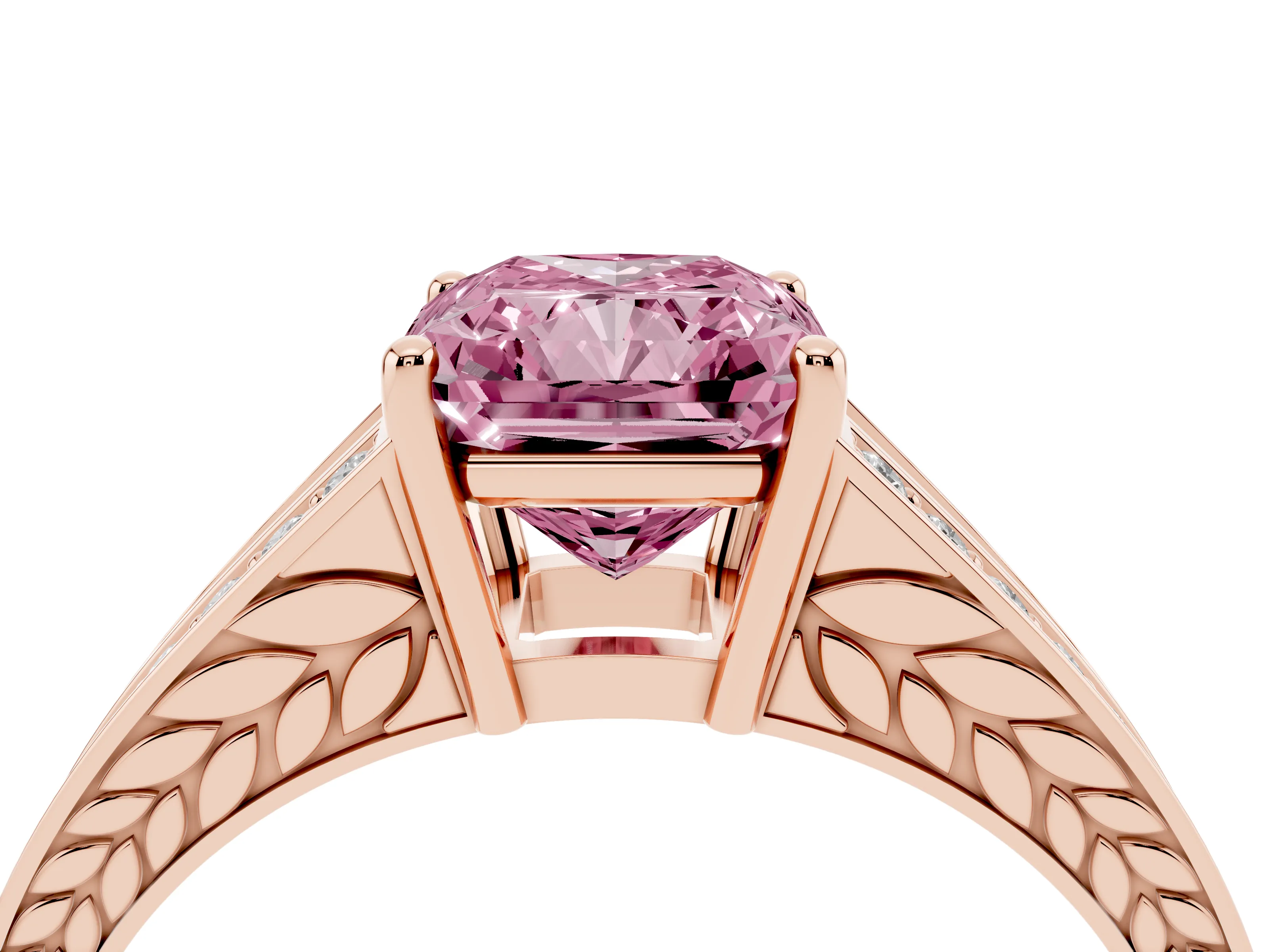 Fancy Pink Radiant Cut Diamond Split Shank Ring Set in Rose gold with Pavé Band and Prong Setting