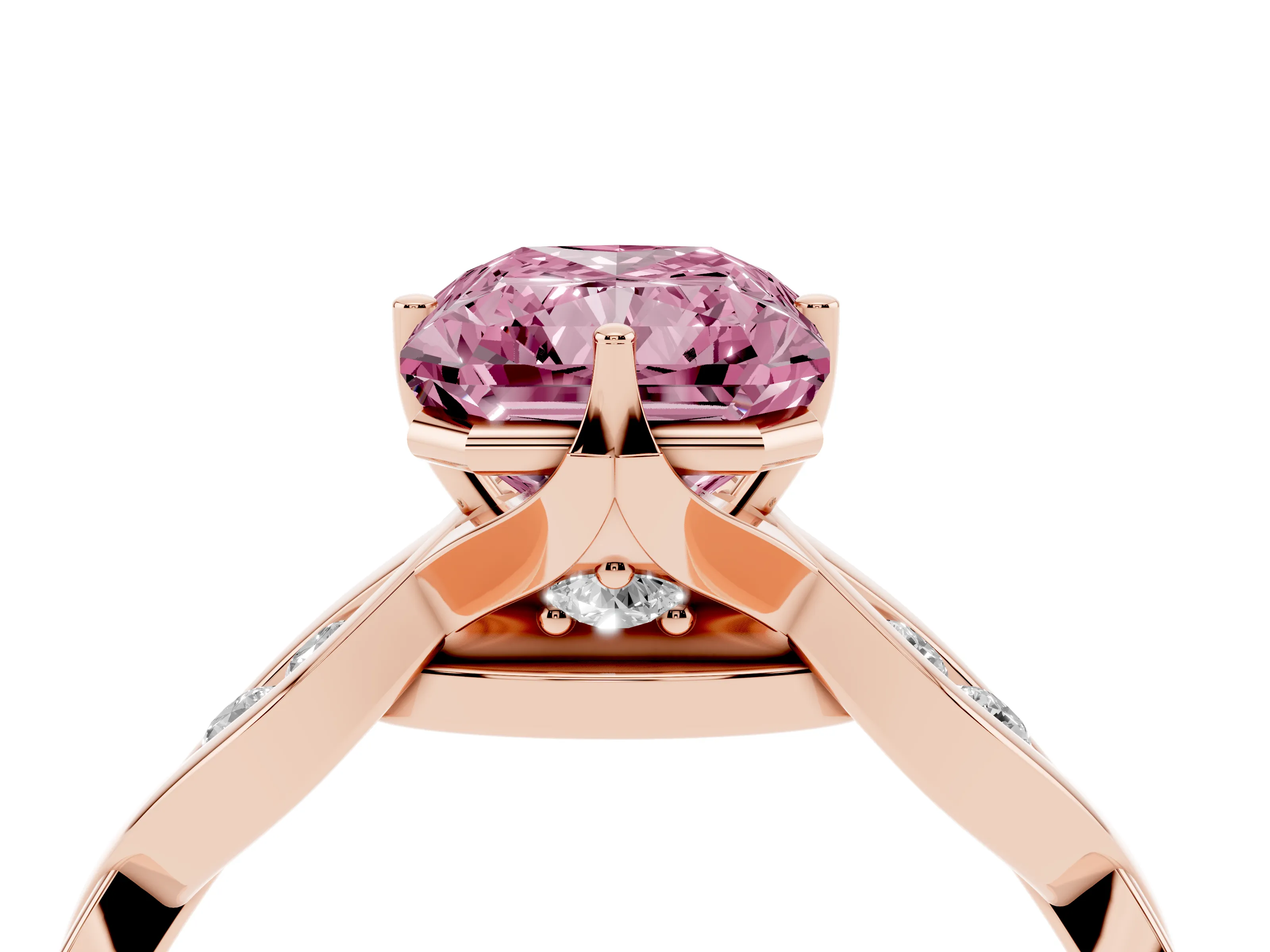 Fancy Pink Radiant Cut Diamond Twist Band Solitaire Ring Set in Rose gold with Leaf Prong Setting and Accent Stones