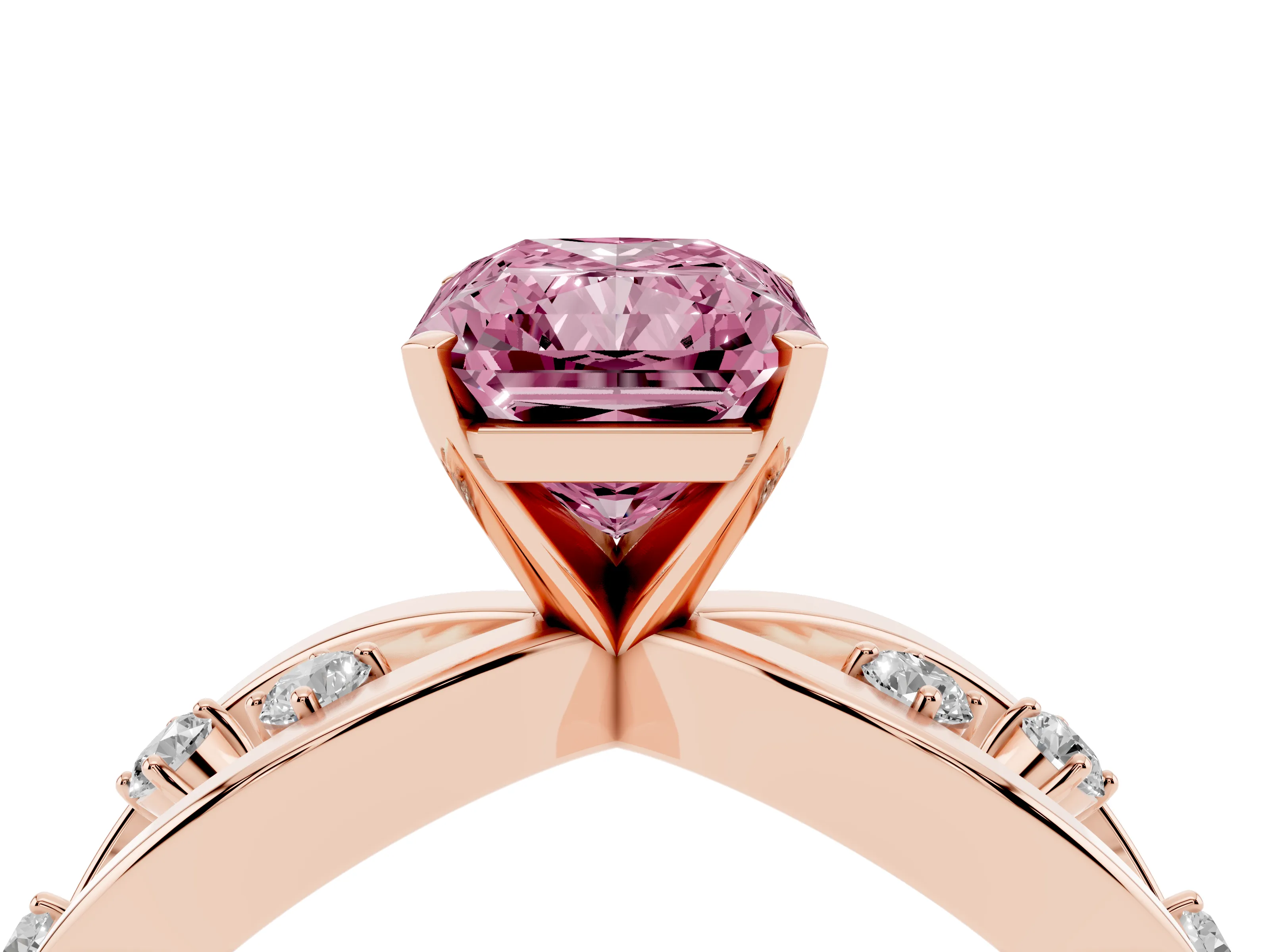 Fancy Pink Radiant Cut Diamond Solitaire Ring Set in Rose gold with Side Stones on Criss-Cross Band and Prong Setting