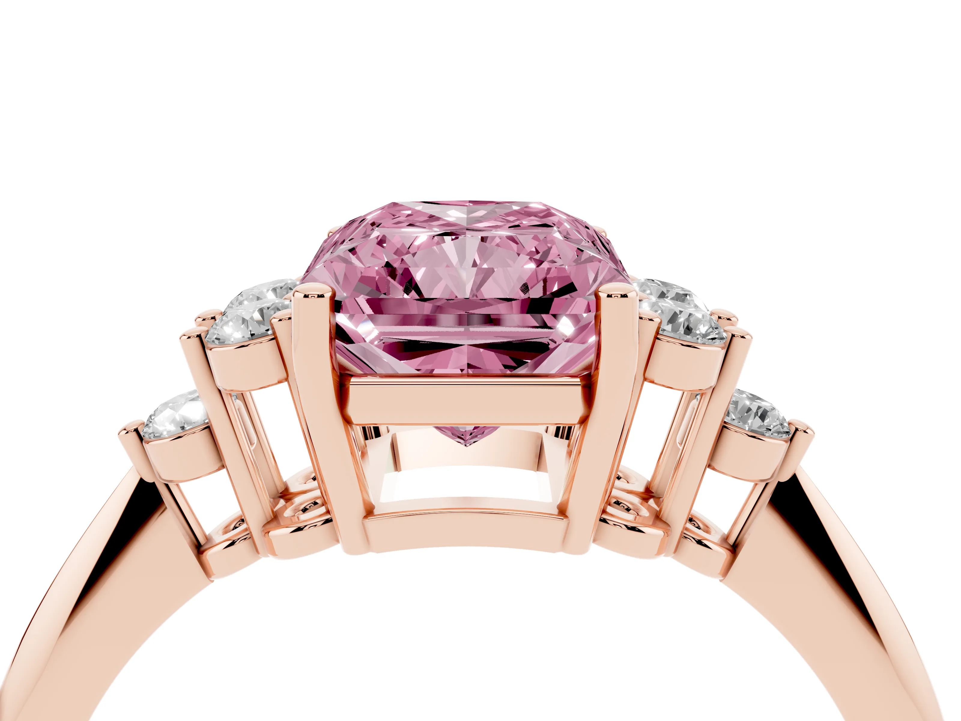 Fancy Pink Radiant Cut Diamond Cluster Ring Set in Rose gold with Plain Band and Prong Setting