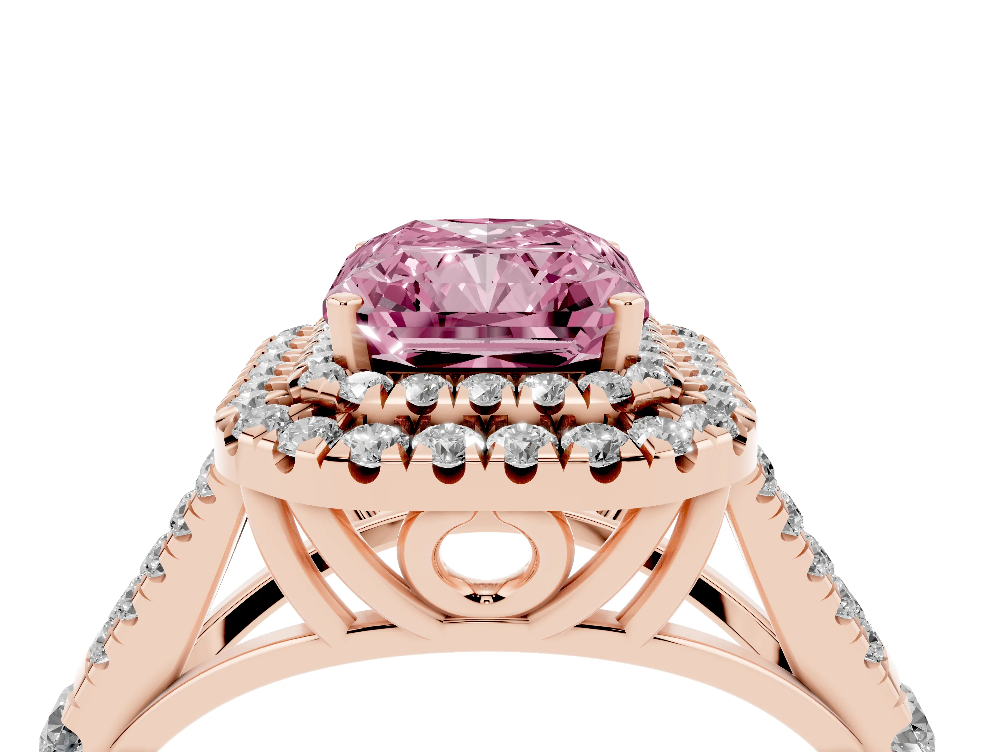 Fancy Pink Radiant Cut Diamond Pavé Split Shank Double Halo Engagement Ring Set in Rose gold