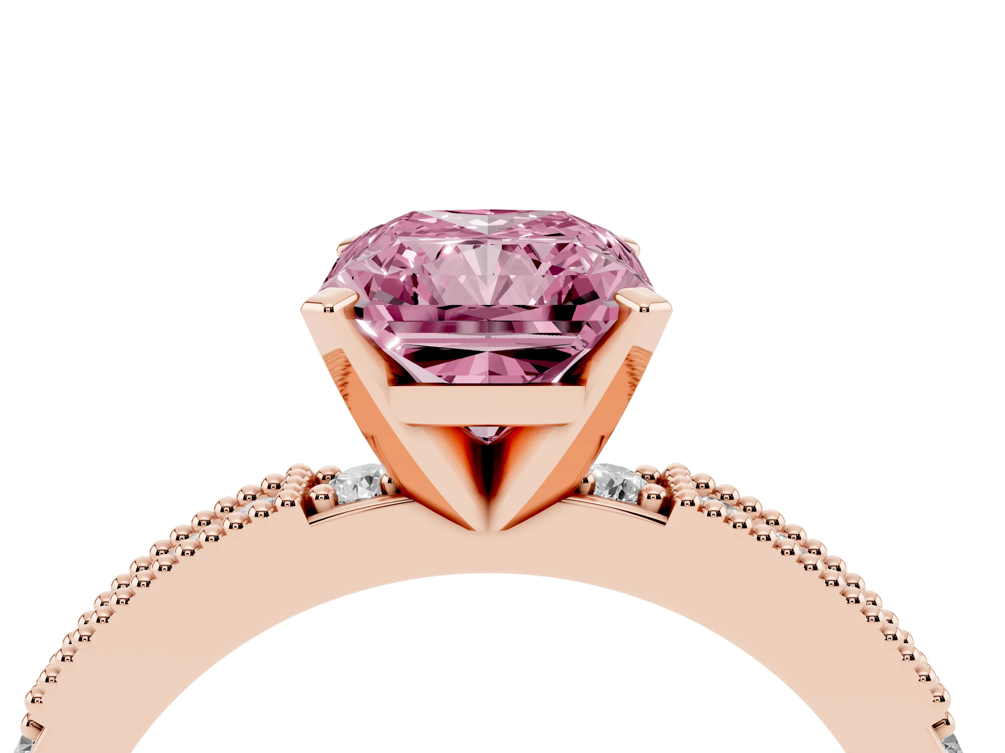 Fancy Pink Radiant Cut Diamond Solitaire Ring Set in Rose gold with Slim Pavé Band and Prong Setting