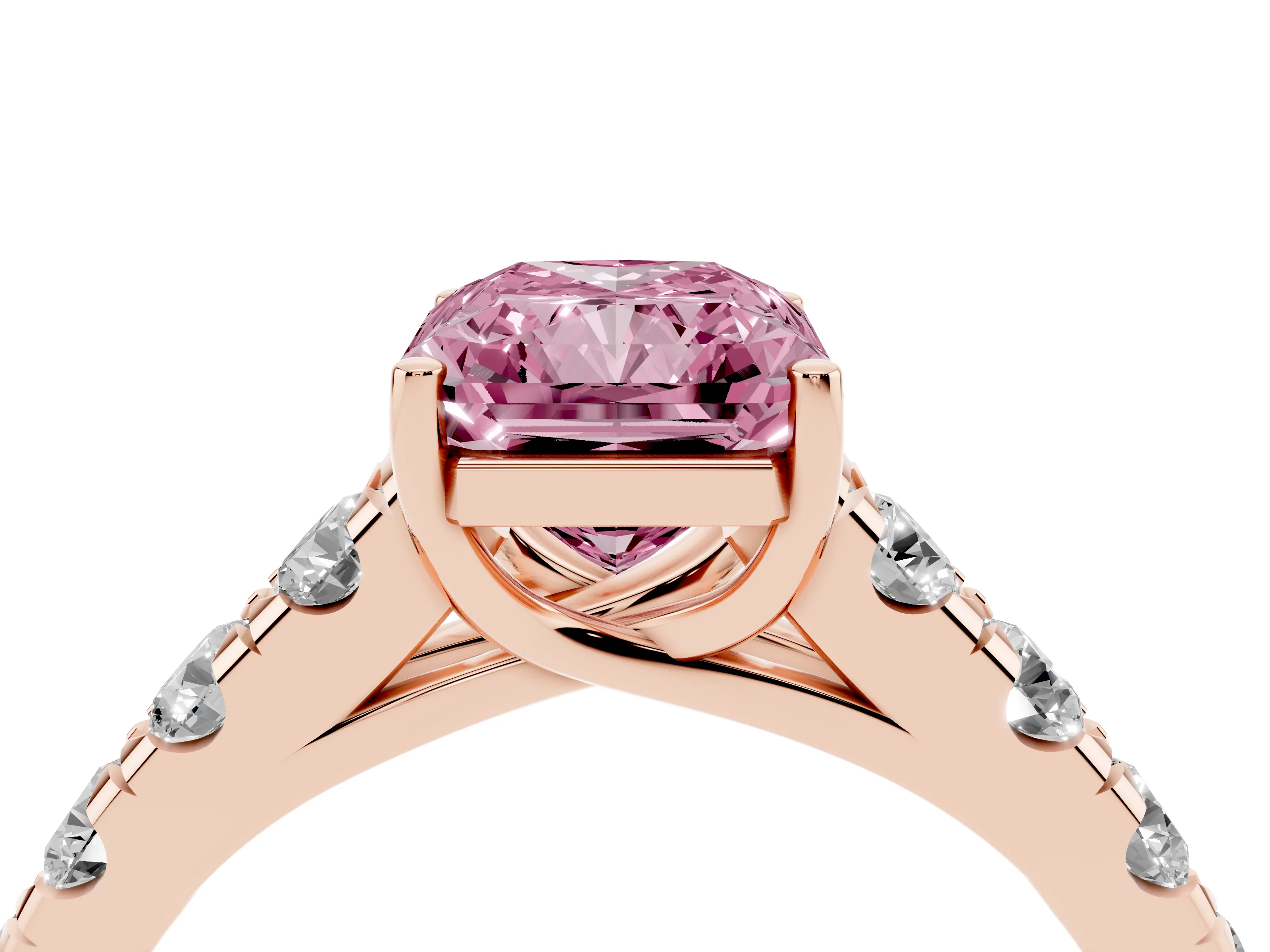 Fancy Pink Radiant Cut Diamond Solitaire Ring Set in Rose gold with Cut-Down Micro Pavé Band and Prong Setting